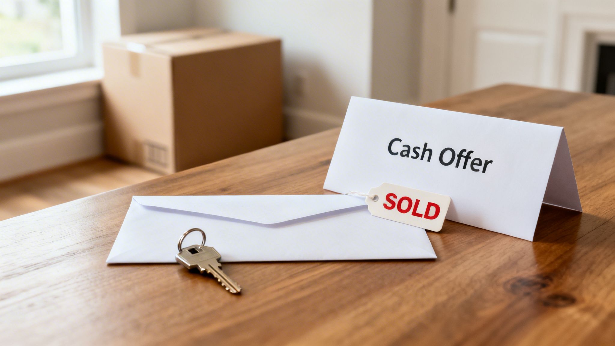 A house key, envelope with a 'SOLD' tag, and a 'Cash Offer' sign on a wooden table, symbolizing a successful property sale.