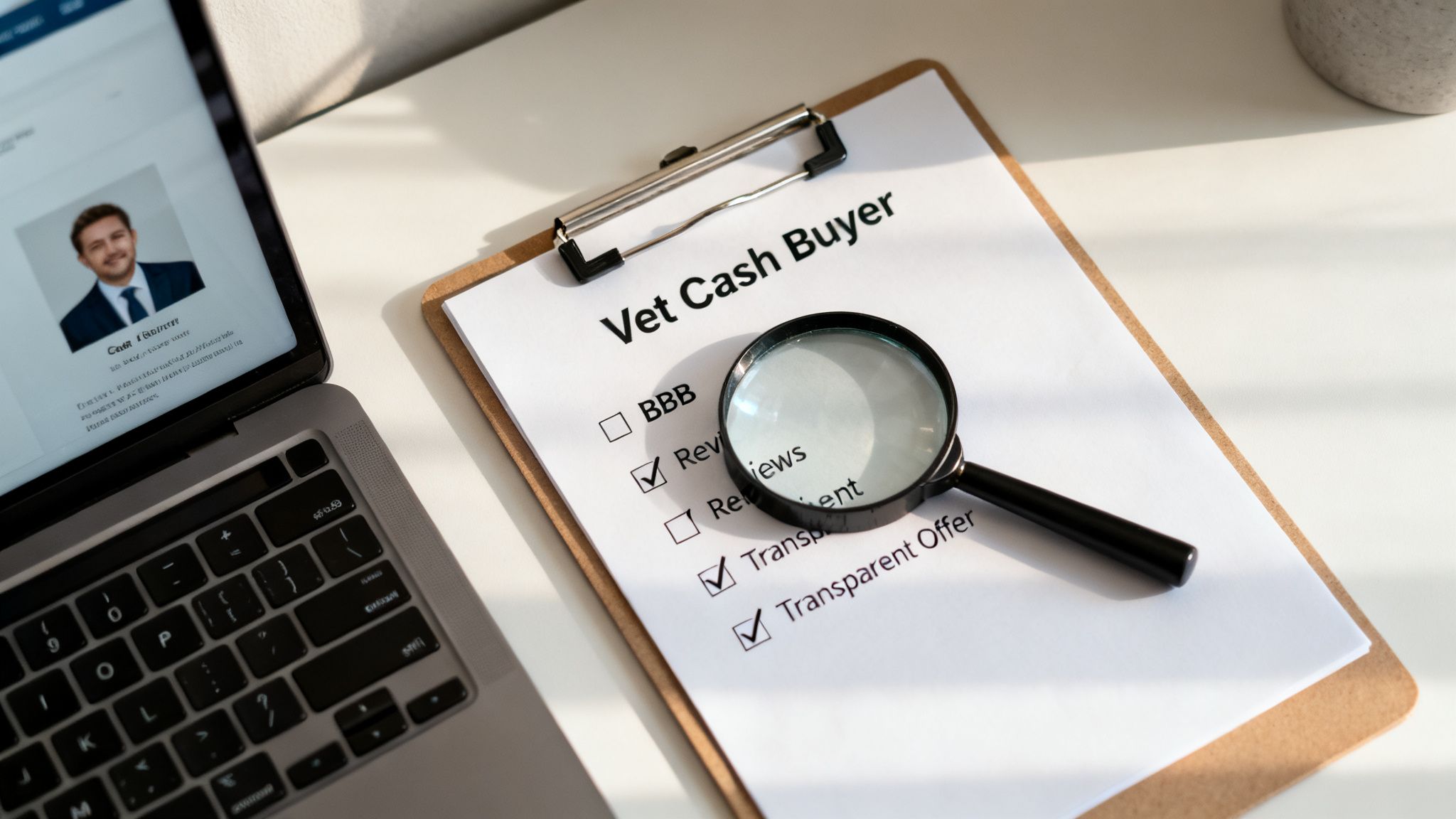 Close-up of a checklist for 'Vet Cash Buyer' with checked options for 'Reviews' and 'Transparent Offer' next to a laptop.