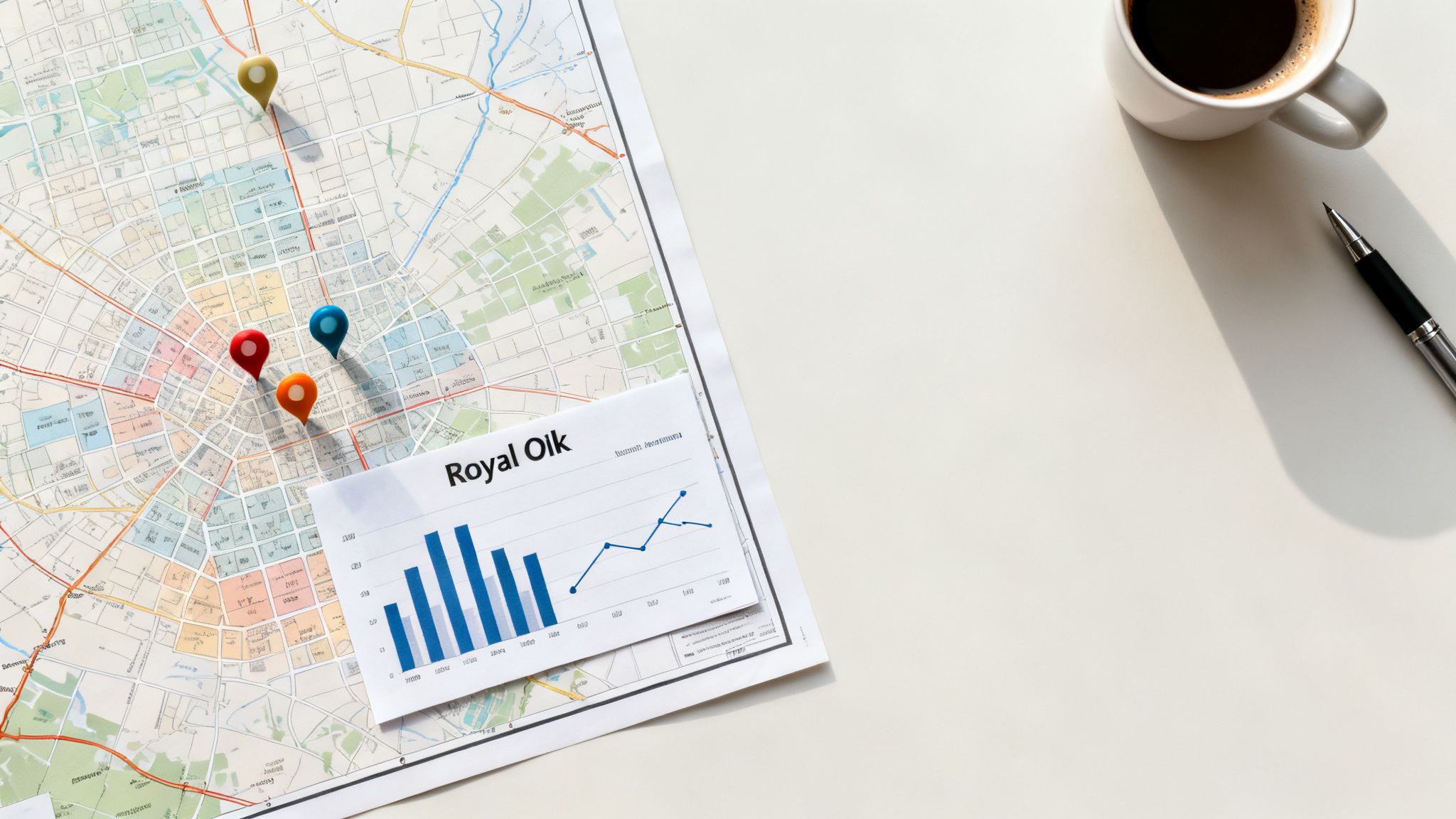 Top-down view of a city map with colorful pins, a Royal Oak business graph, coffee, and a pen.