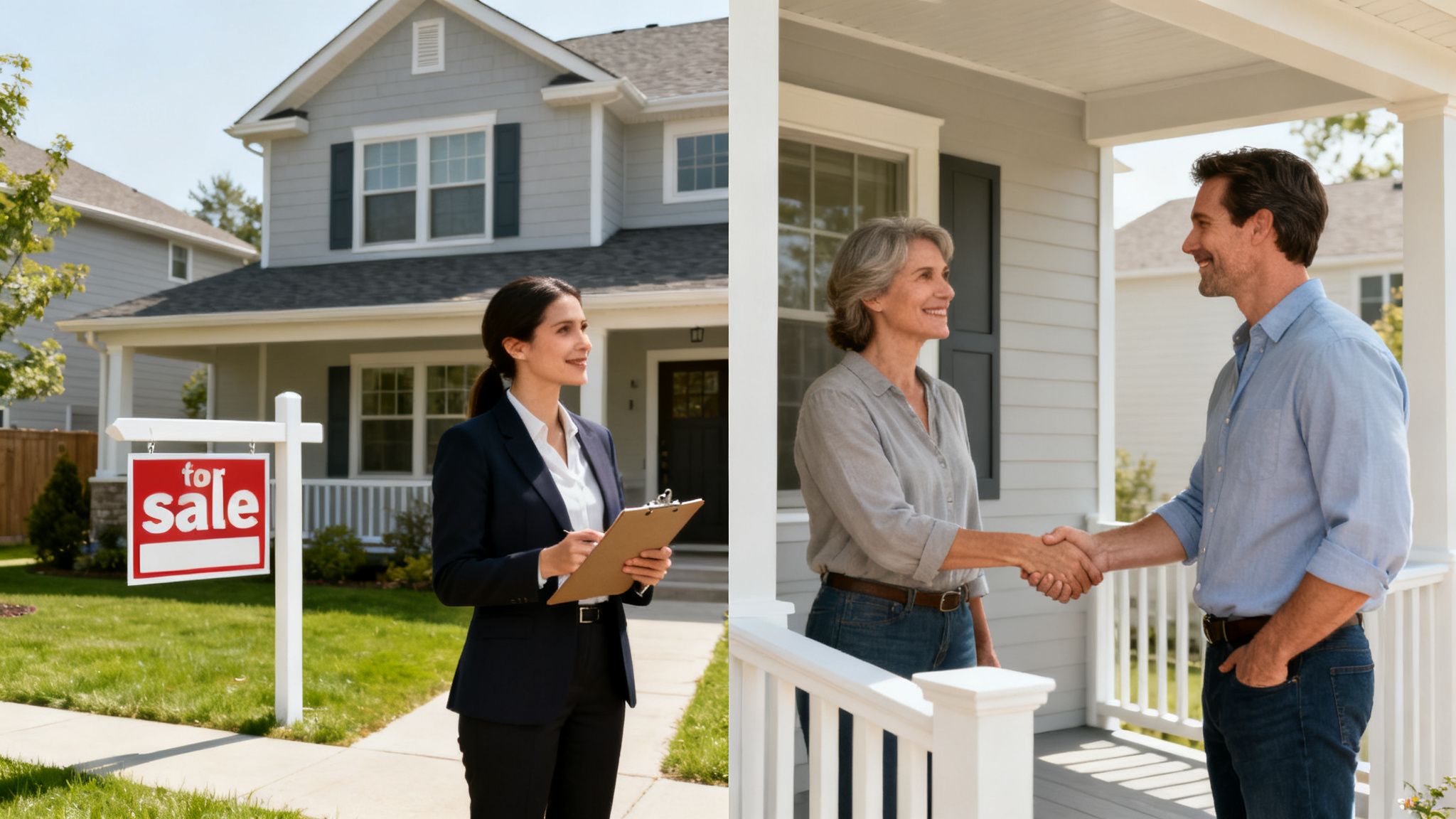 A real estate agent stands by a 'for sale' sign, while a couple shakes hands on a porch, signifying a home sale.