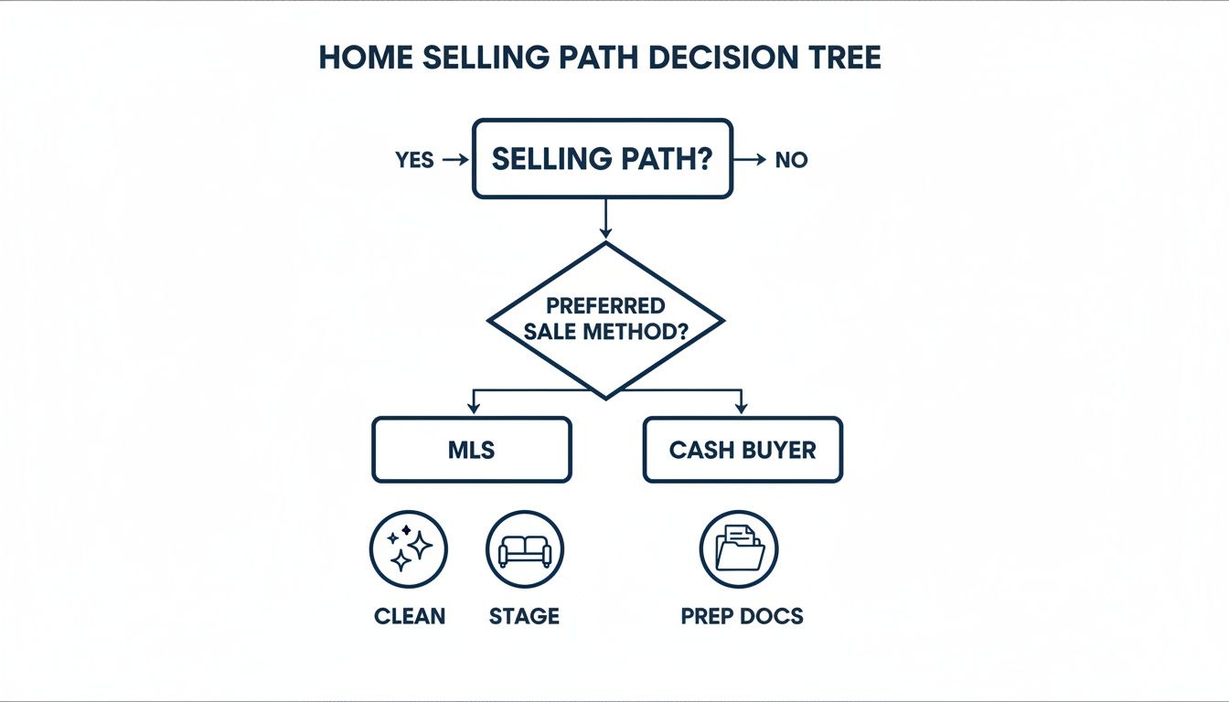A home selling path decision tree flowchart, showing steps for MLS vs. cash buyer methods.