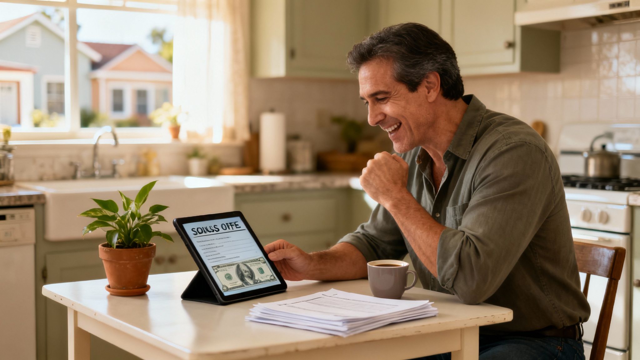 Happy man in kitchen reviewing a bonus offer on a tablet, with coffee and papers.