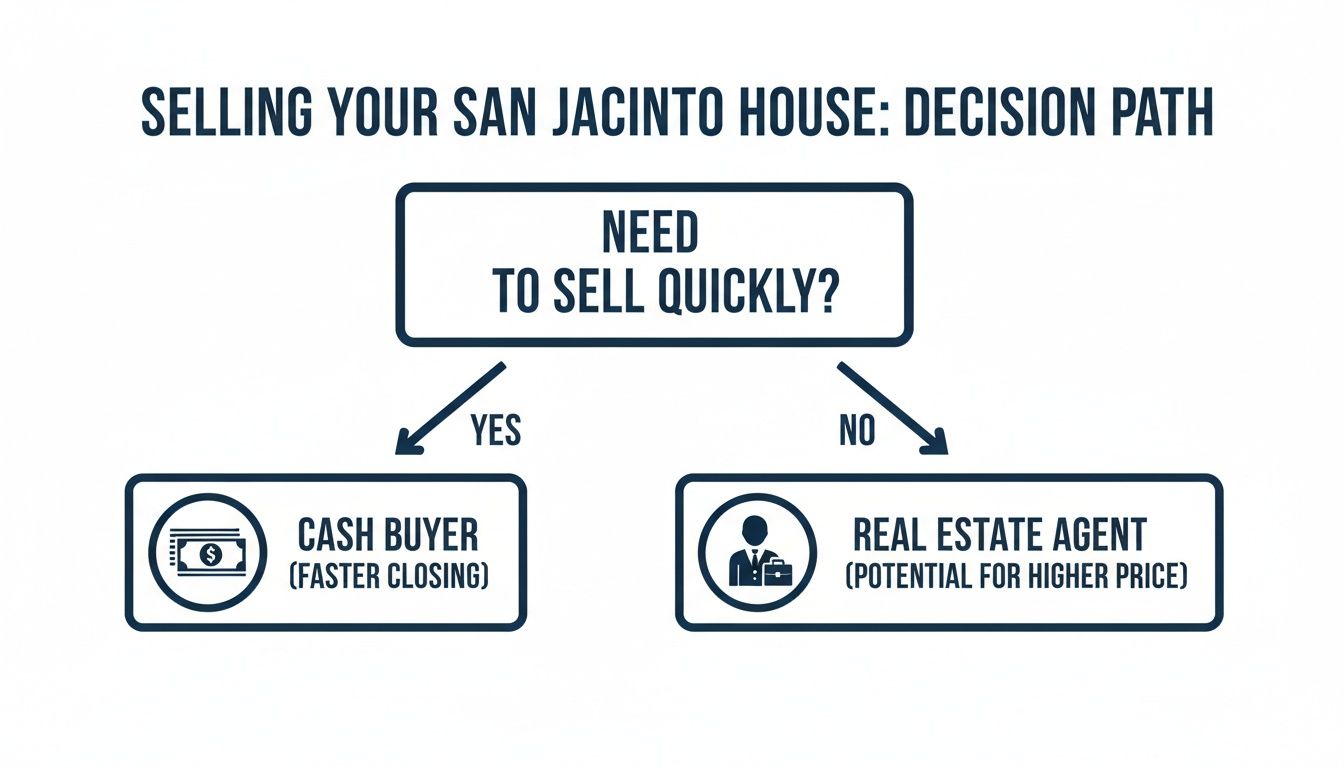 A flowchart guiding homeowners in San Jacinto on selling their house: cash buyer for quick sales, agent for higher price.