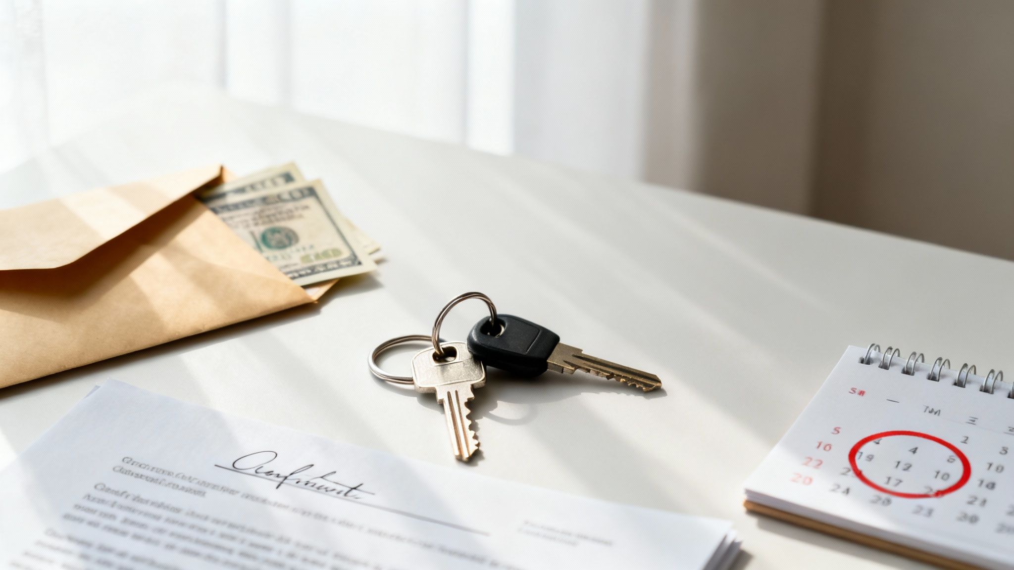 Keys, money in an envelope, a signed document, and a calendar with a circled date on a desk.