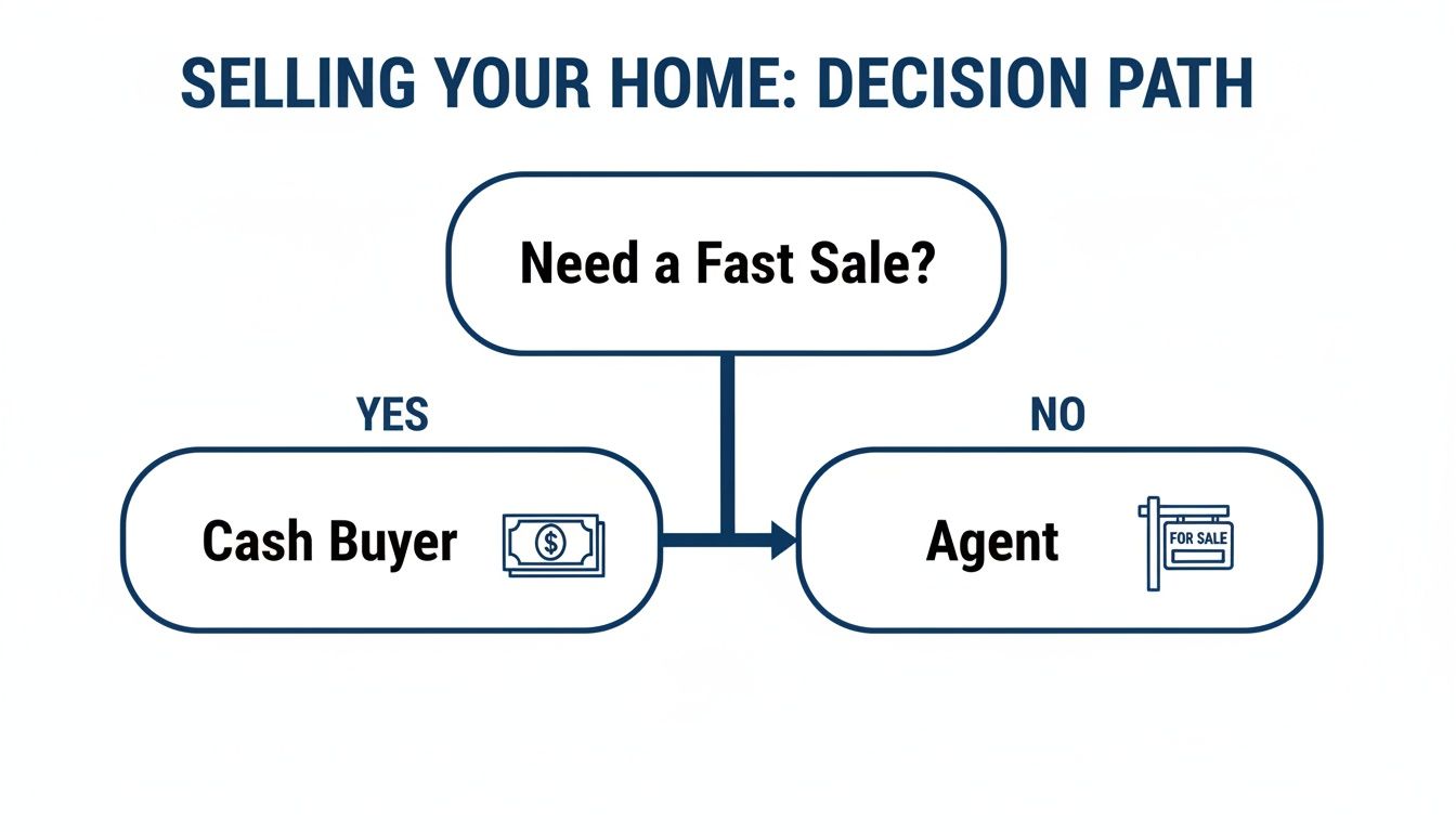 Decision path for selling your home, showing options: cash buyer for a fast sale or an agent.
