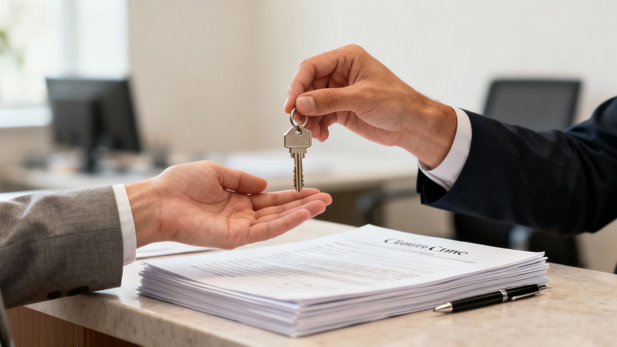 A person in a suit hands house keys to another person over a stack of documents, symbolizing a real estate transaction.