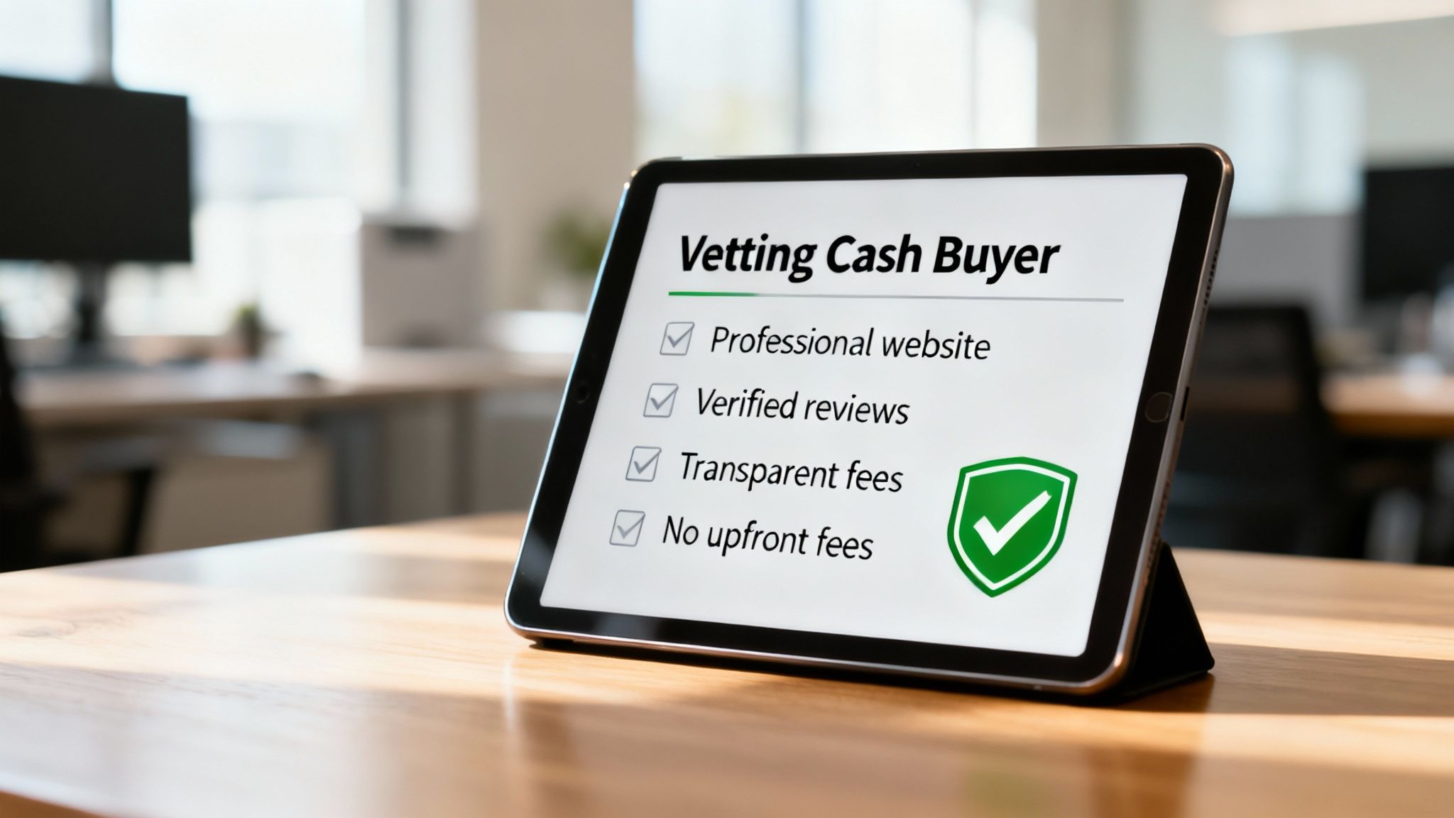 A tablet on a wooden desk displays a 'Vetting Cash Buyer' checklist, all items checked with a green shield.