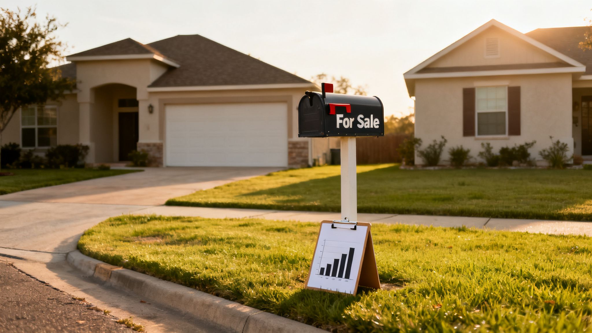 A "For Sale" mailbox and a market trend graph stand in front of two suburban houses at sunset.