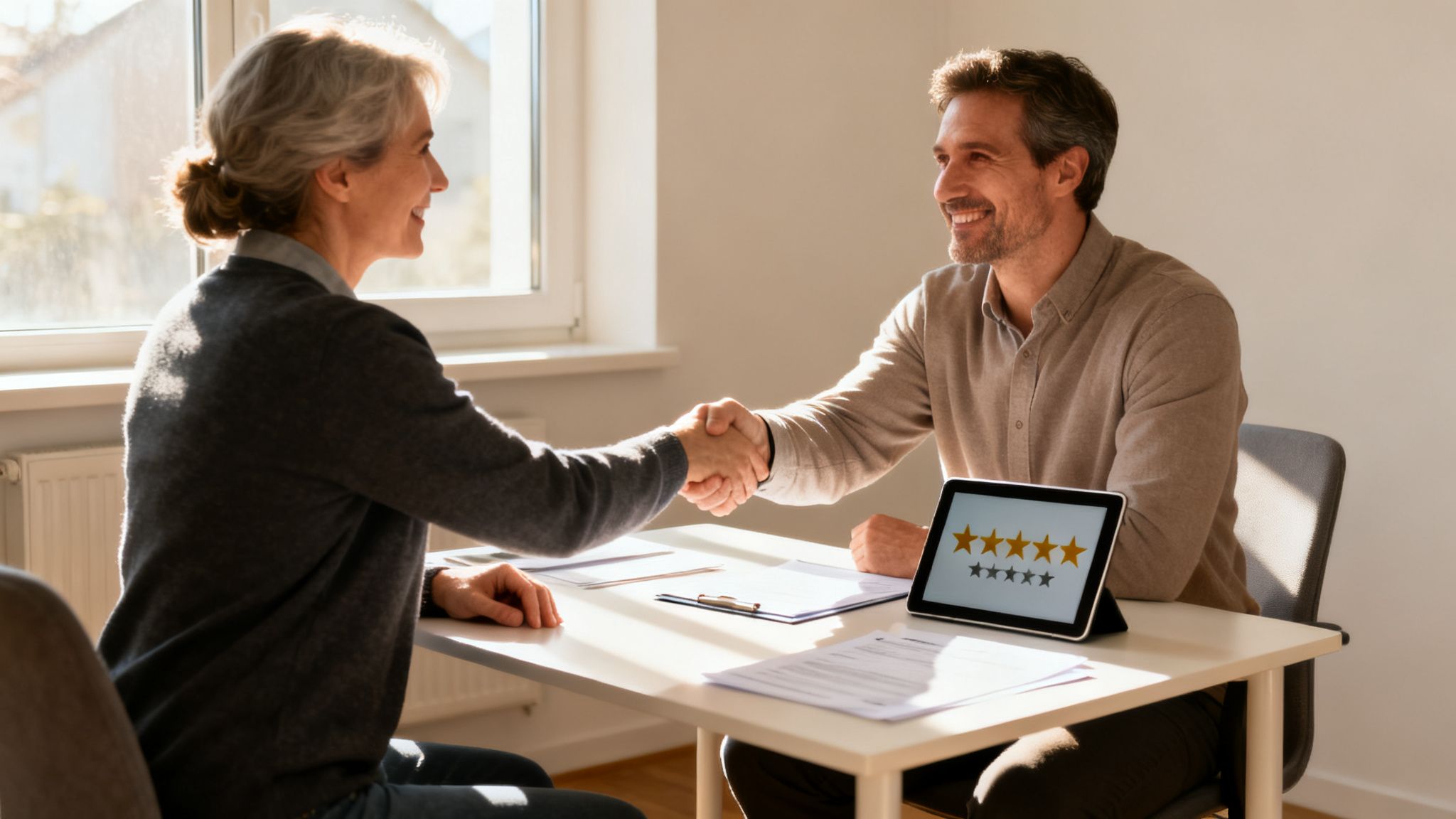 Two smiling professionals shaking hands at a desk, with a tablet displaying a five-star rating.