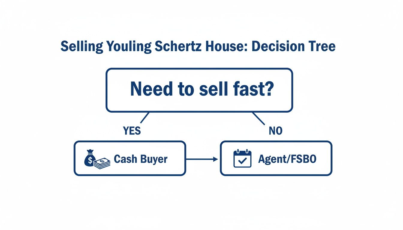 Decision tree for selling a Schertz house: cash buyer for fast sale, or agent/FSBO otherwise.