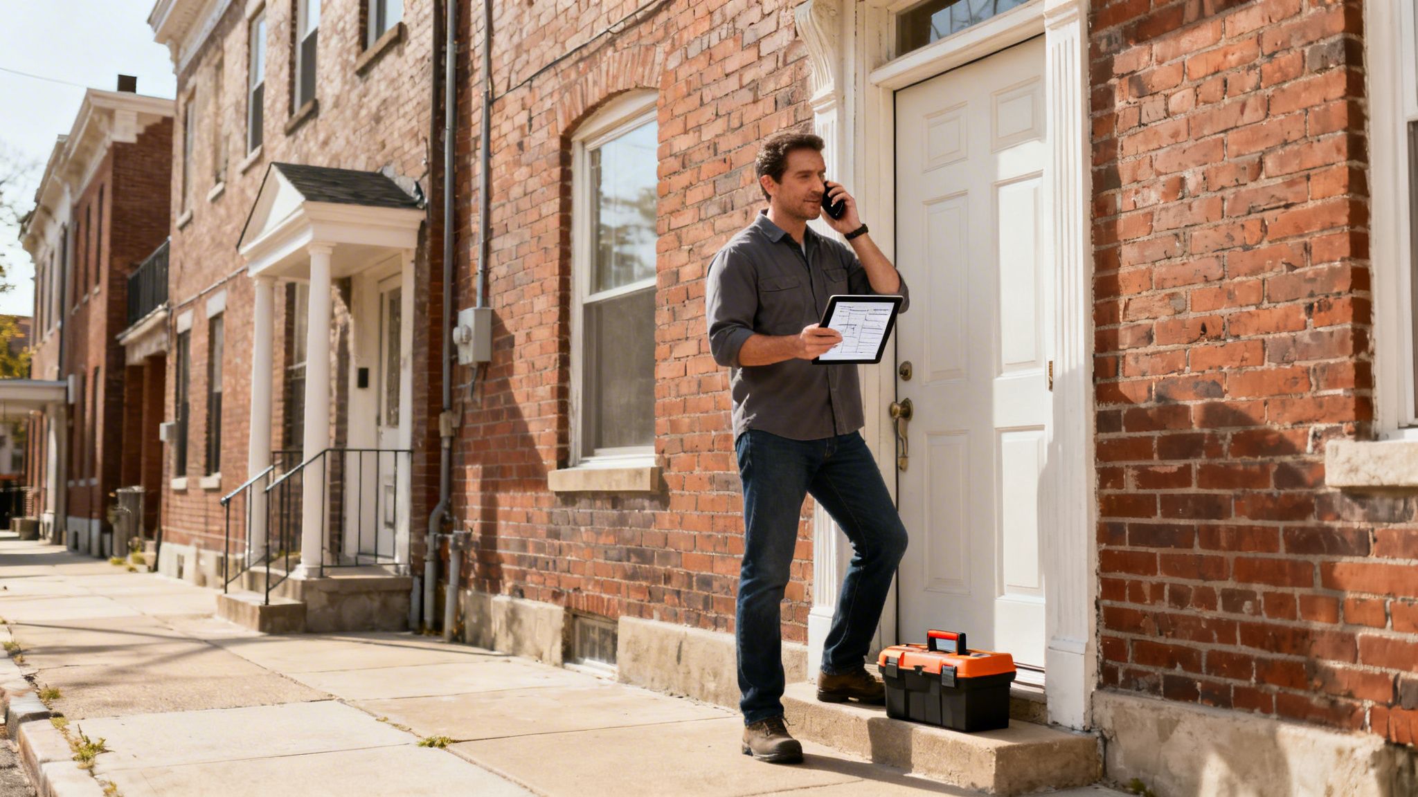 A male service technician talking on a phone and holding a tablet while standing on house steps with a toolbox.