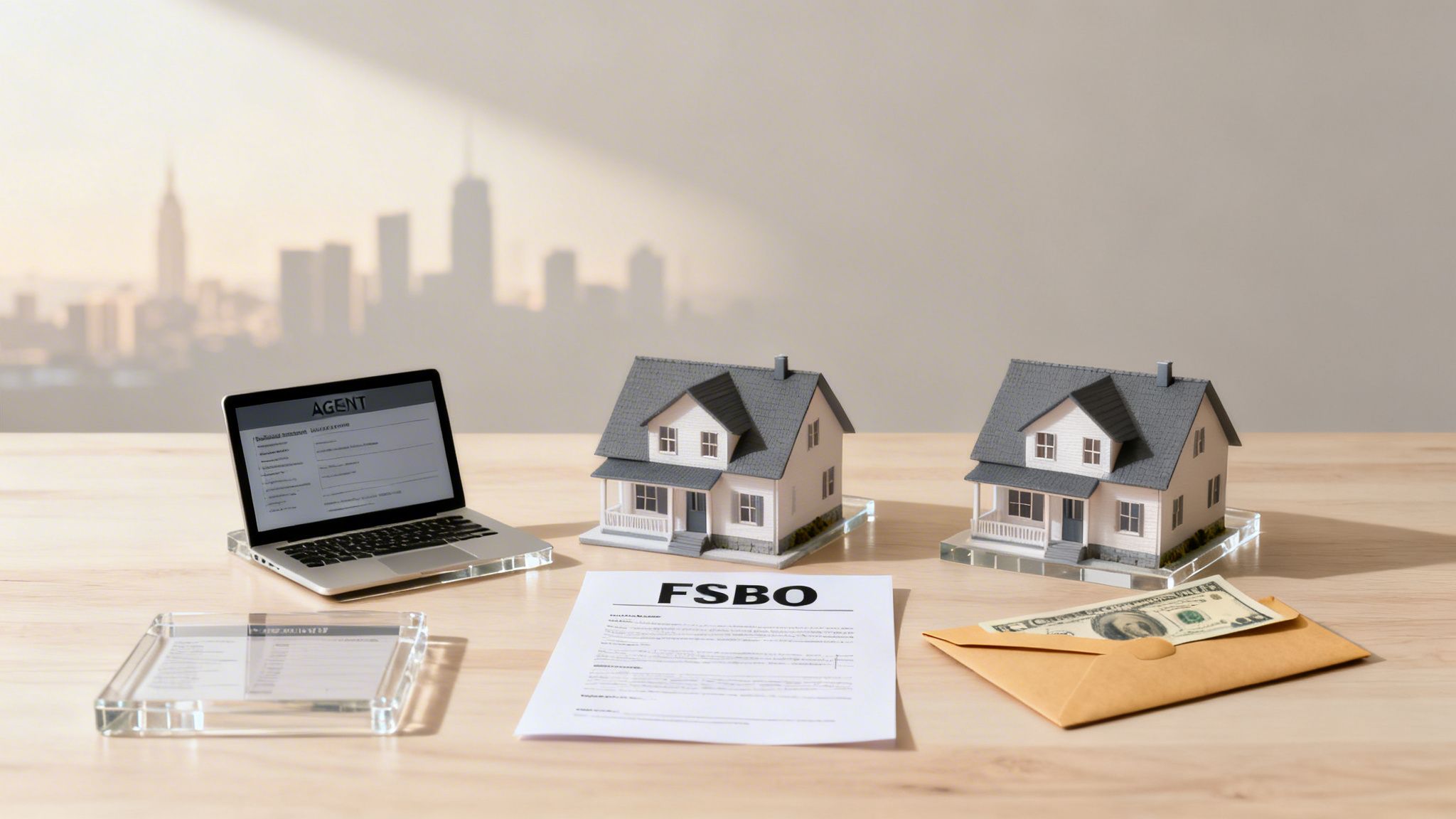 Model homes, laptop with agent software, FSBO document, and money on a desk for real estate choices.