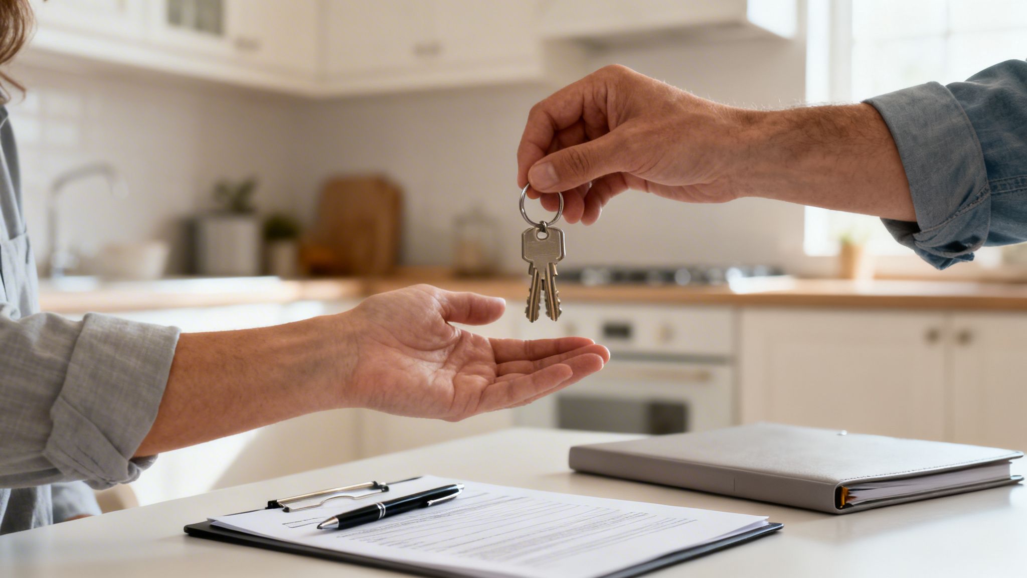 A real estate agent hands house keys to a client over signed documents in a modern kitchen.