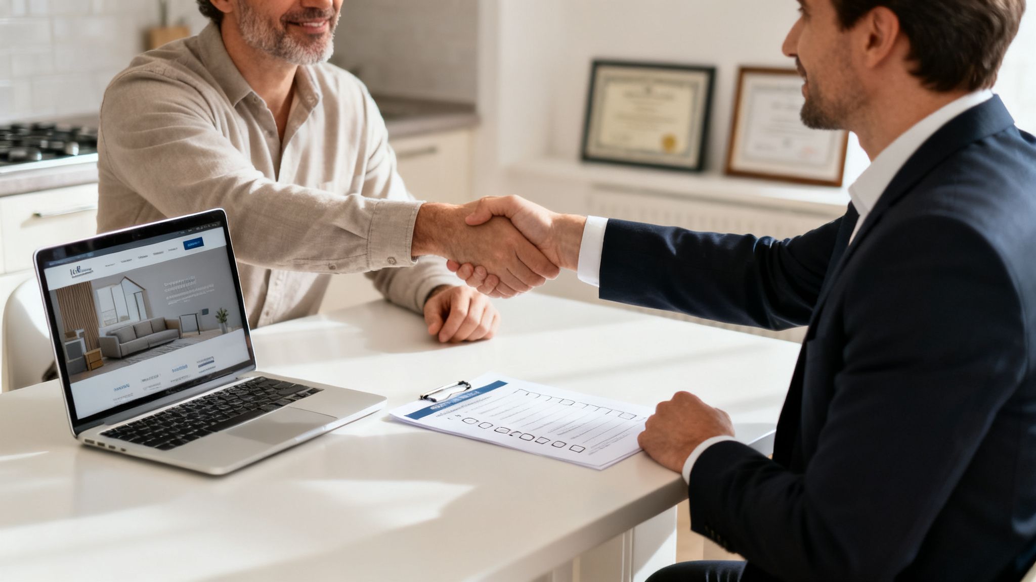 Two men in a business meeting shaking hands across a table with a laptop.