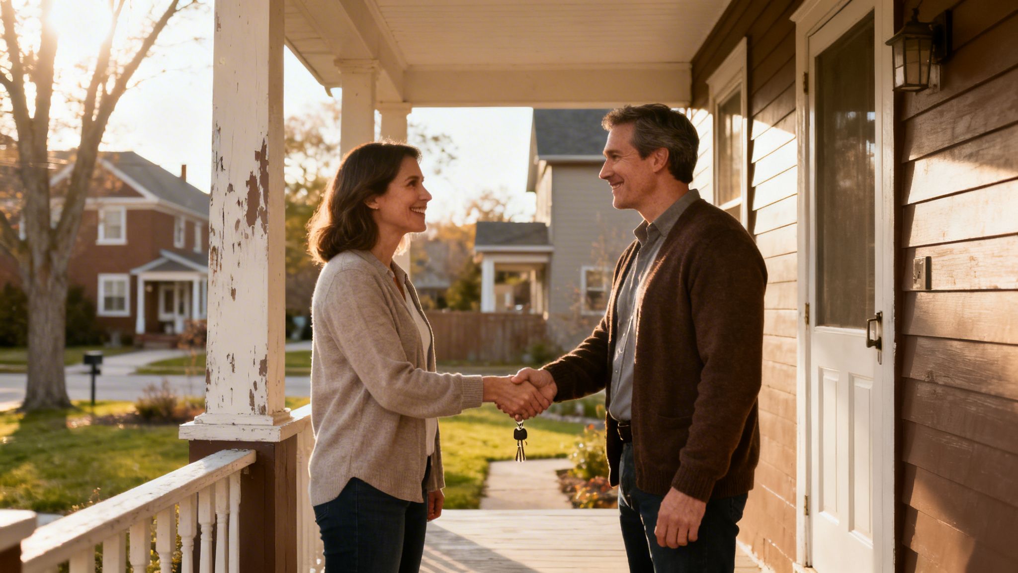 A smiling man and woman shake hands on a porch, exchanging house keys after a successful home sale.