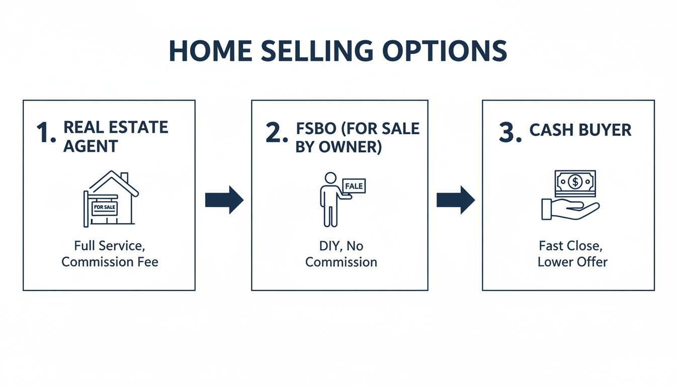 Flowchart illustrating three home selling options: real estate agent, for sale by owner, and cash buyer.