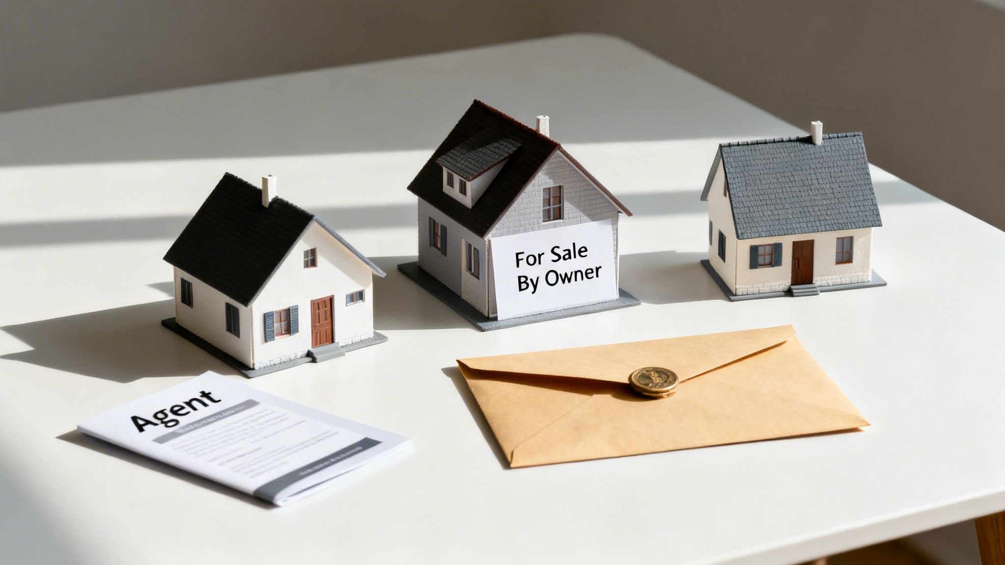 Three miniature house models on a table, one with a 'For Sale By Owner' sign, next to an agent document and a sealed envelope.
