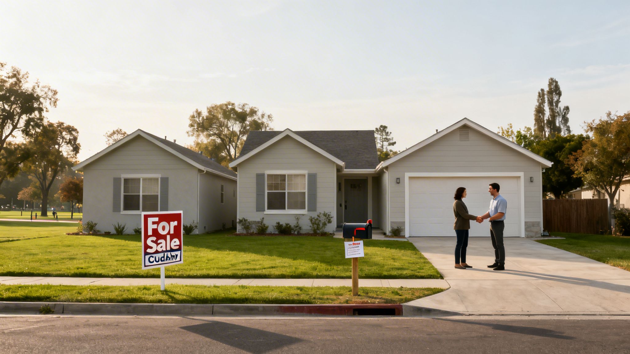 A couple shakes hands in front of a house with a For Sale sign, symbolizing a real estate deal.