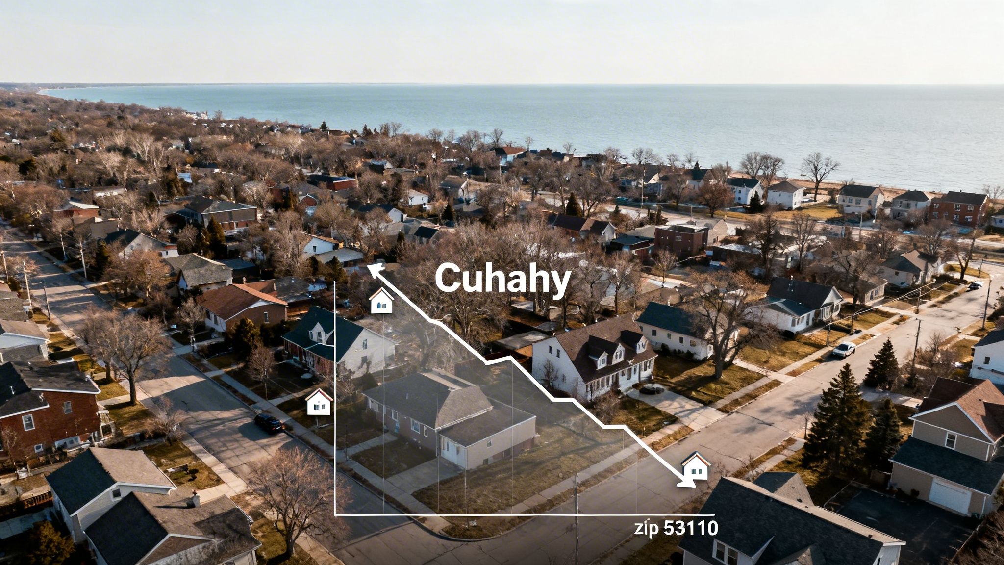 An aerial view of a Cudahy, Wisconsin residential neighborhood by Lake Michigan, with a graph showing a downward housing market trend.