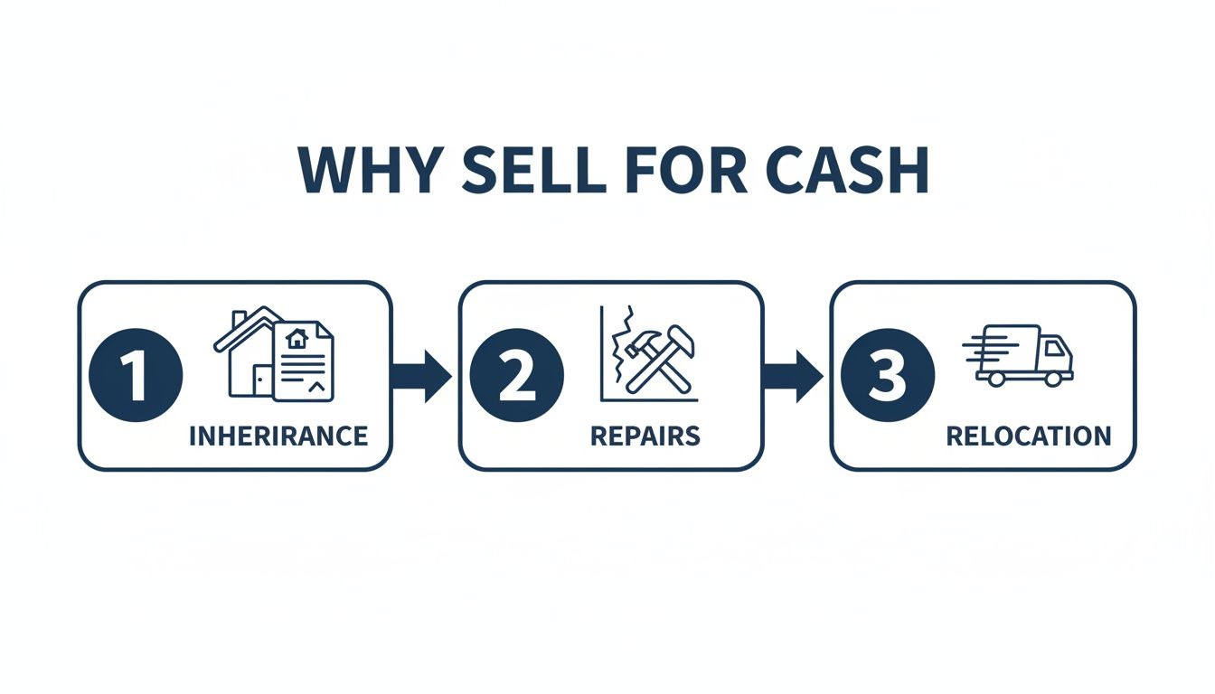 A diagram illustrating three common reasons to sell a house for cash: inheritance, repairs, and relocation.
