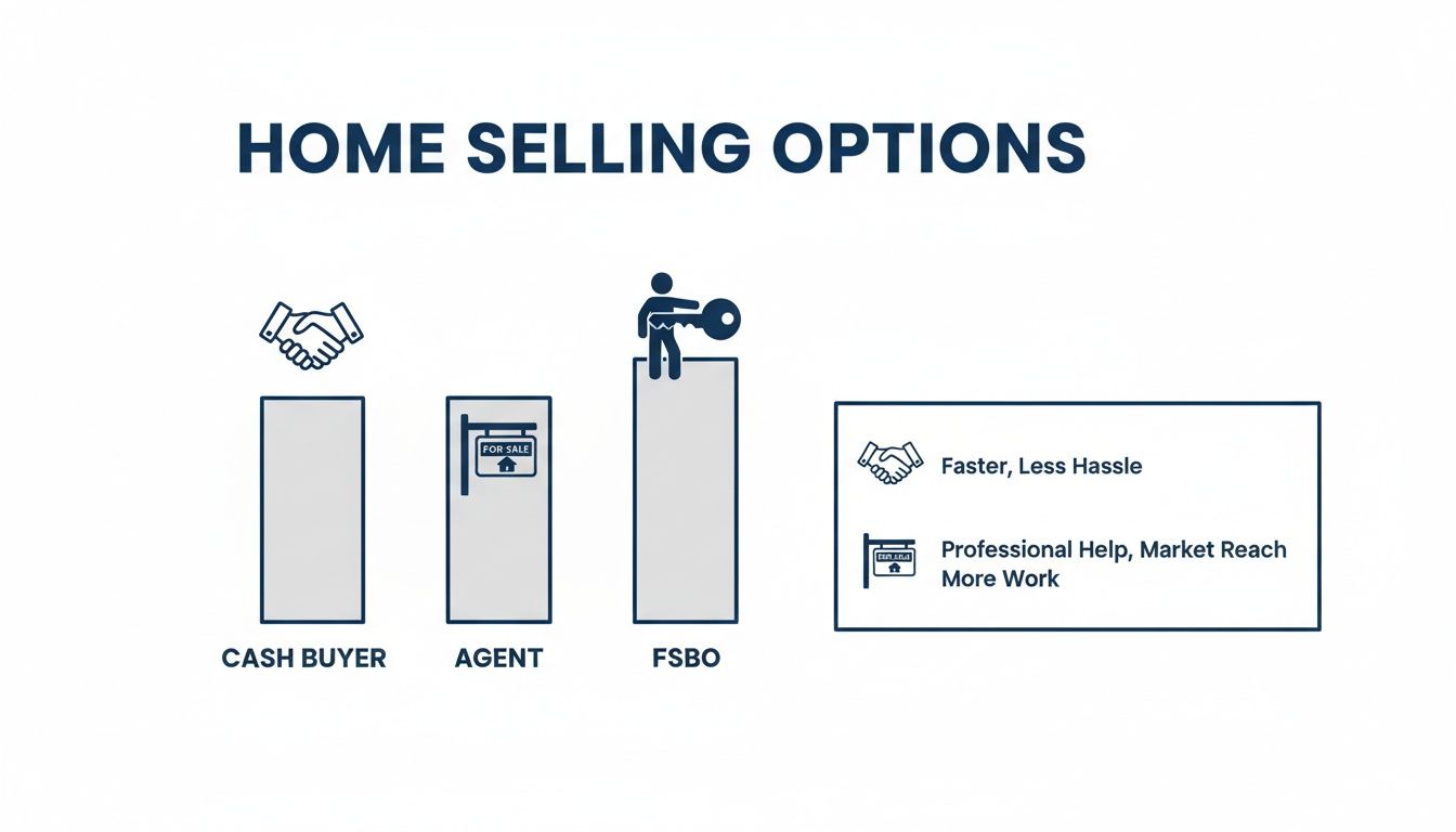 Visual guide showing home selling options: Cash Buyer (faster, less hassle), Agent (professional help), and FSBO.