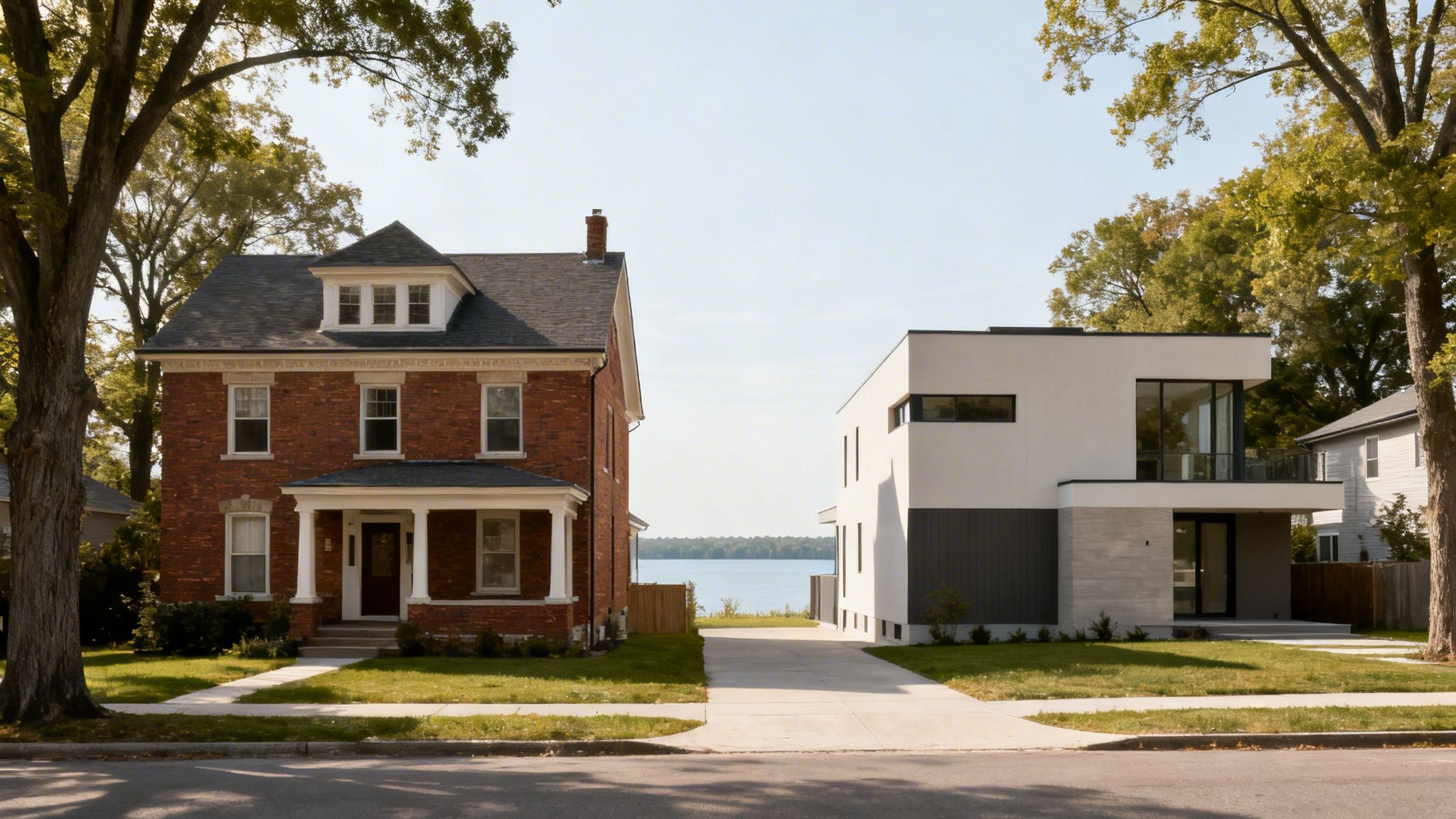 Side-by-side view of a classic brick home and a minimalist modern house by a lake.