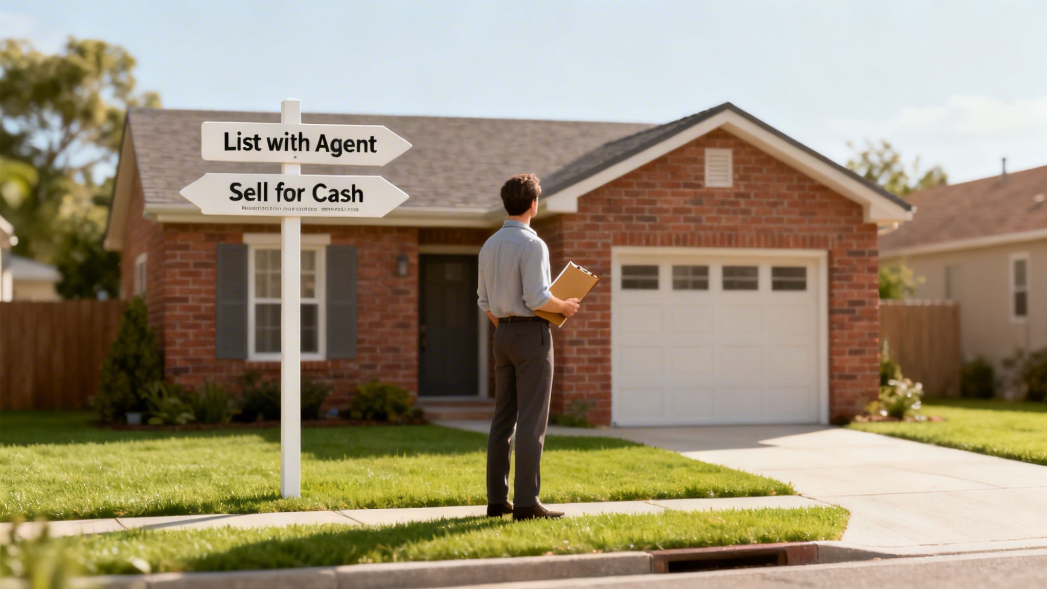 A man stands in front of a brick house, looking at a sign with 'List with Agent' and 'Sell for Cash' options.
