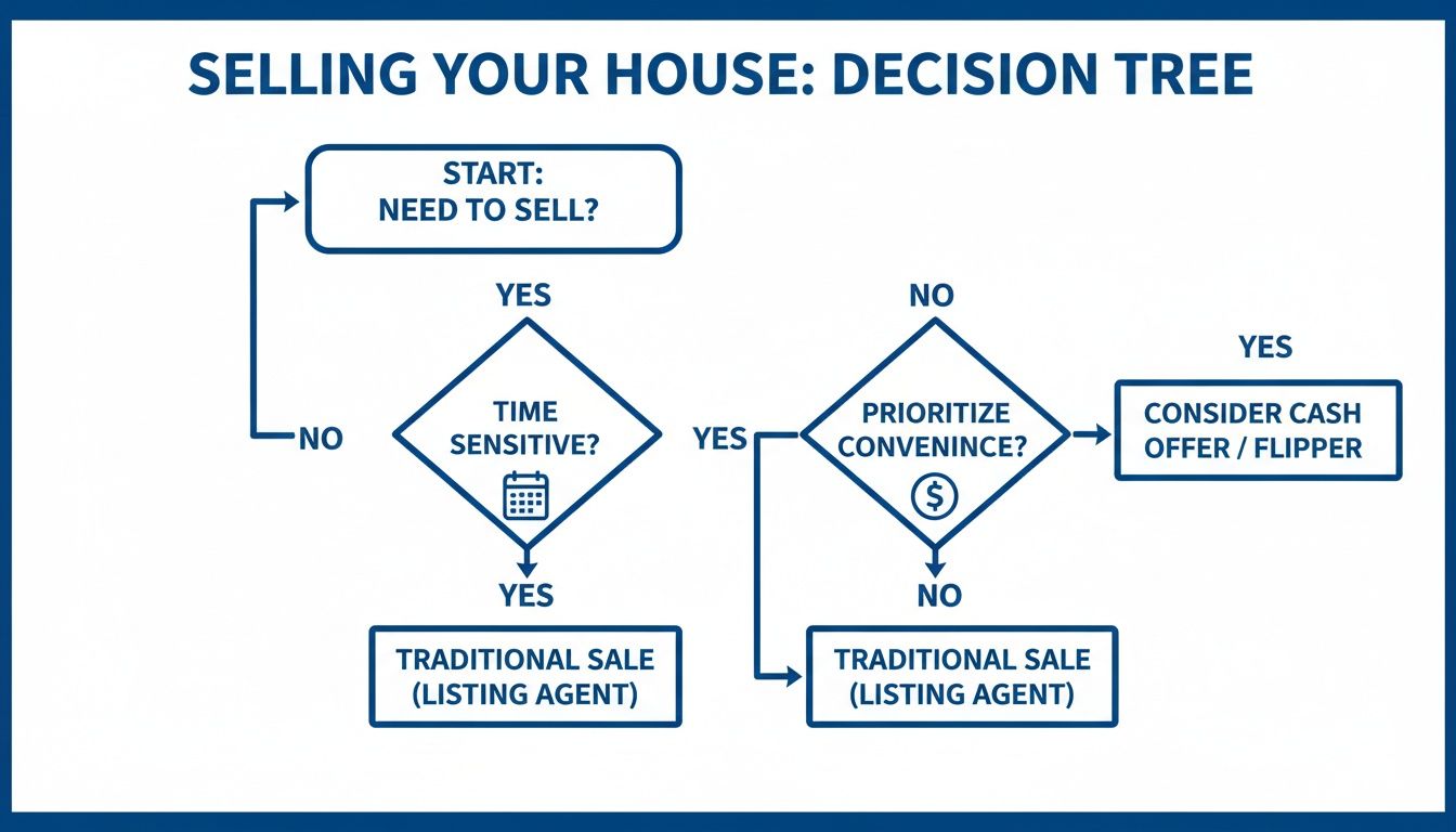 Decision tree flowchart guiding sellers through options like traditional sale or cash offer based on time sensitivity and convenience.