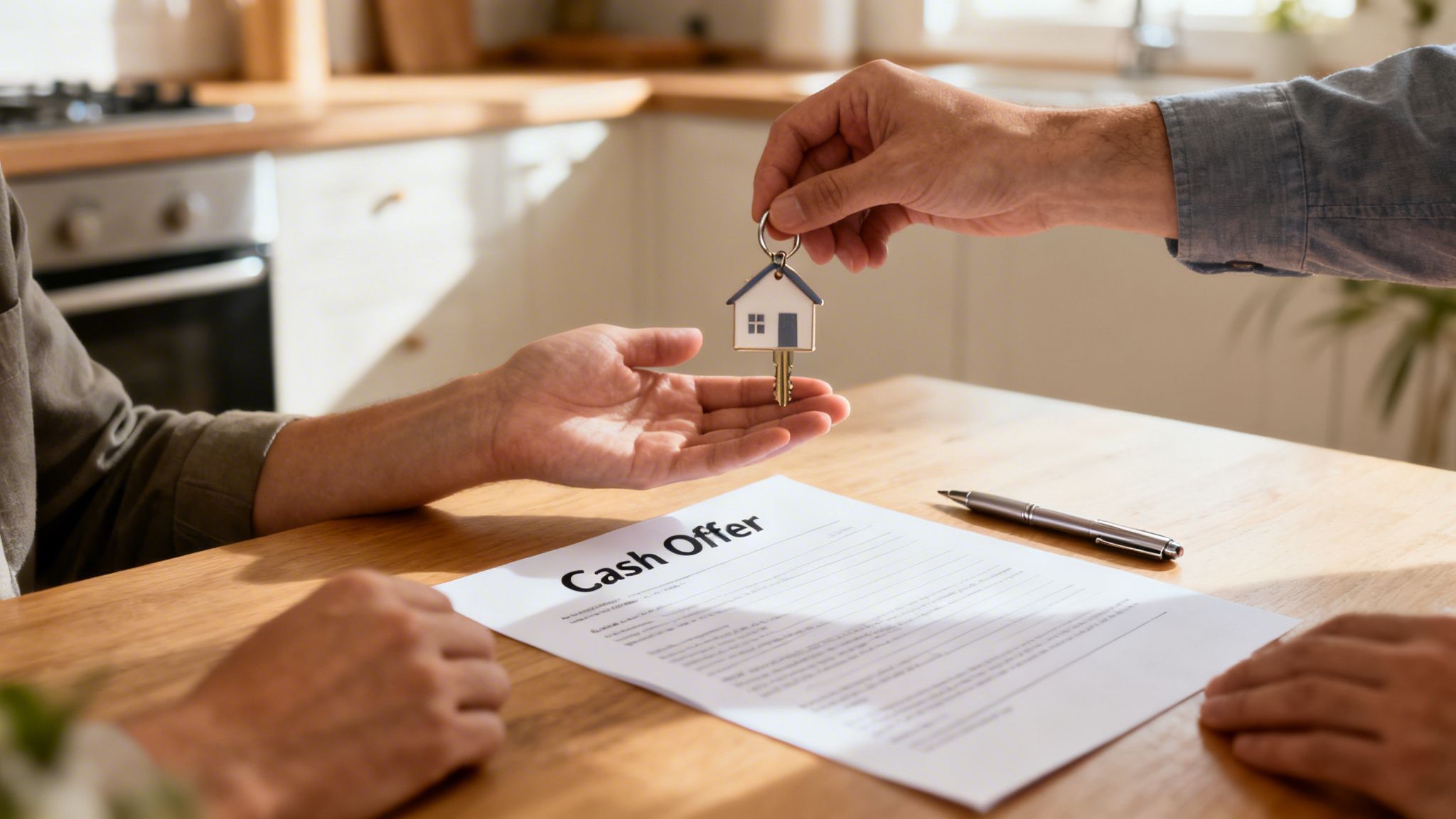 A person hands over house keys with a house-shaped keychain to another person over a cash offer document on a wooden table.