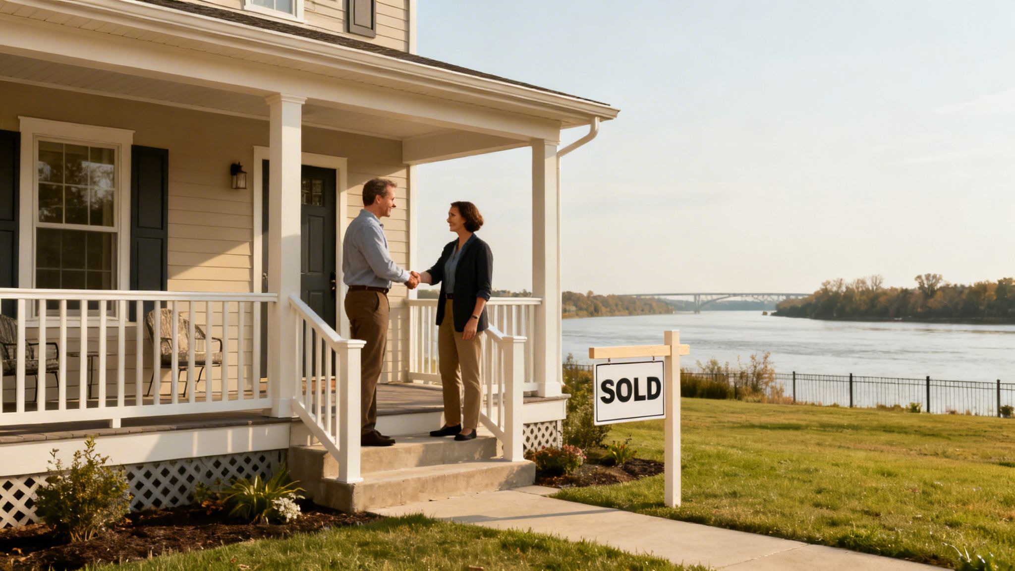 A man and woman shake hands on the porch of a newly sold house by a river.