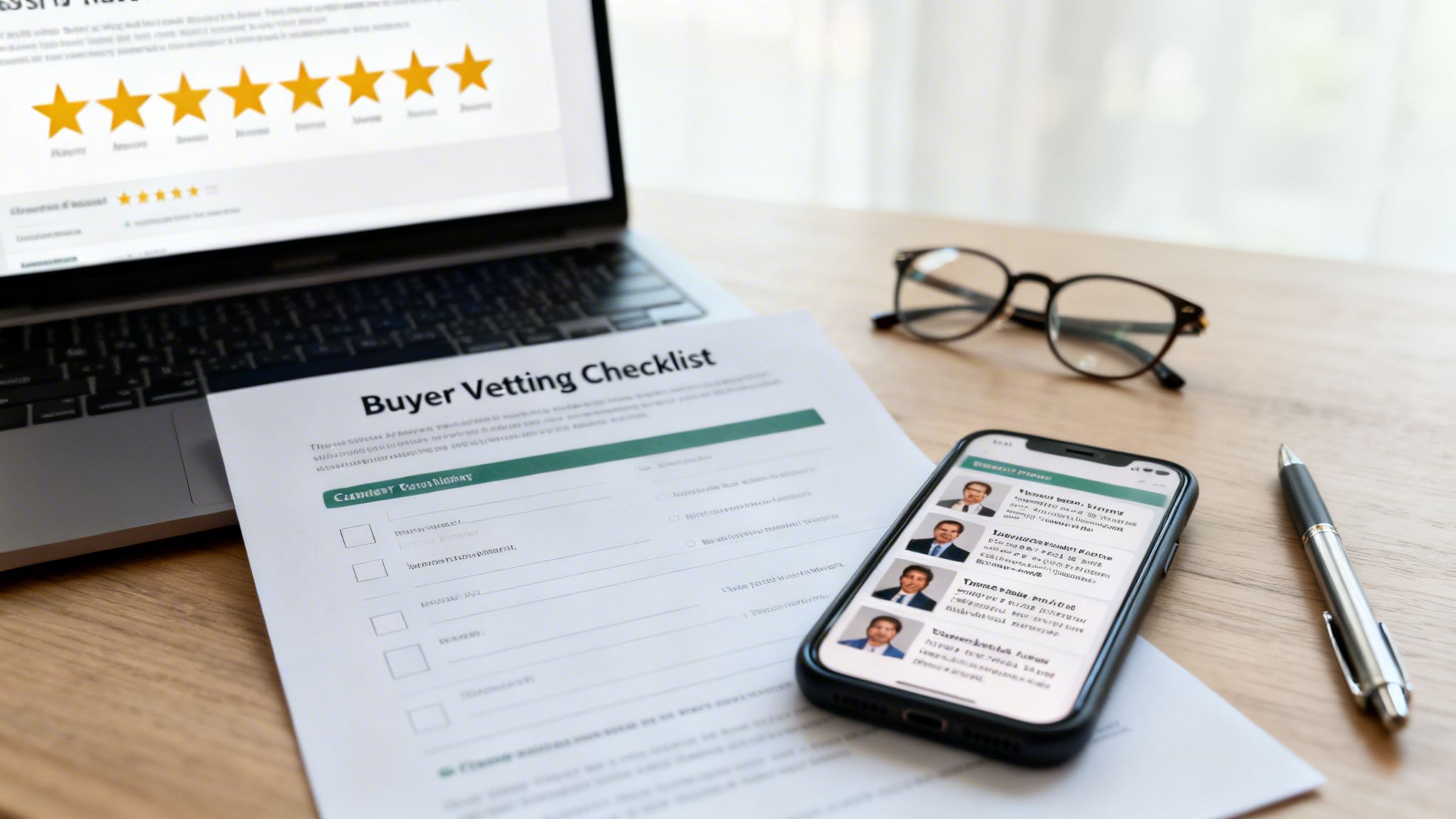A desk with a laptop, 'Buyer Vetting Checklist' document, phone showing client profiles, glasses, and a pen.