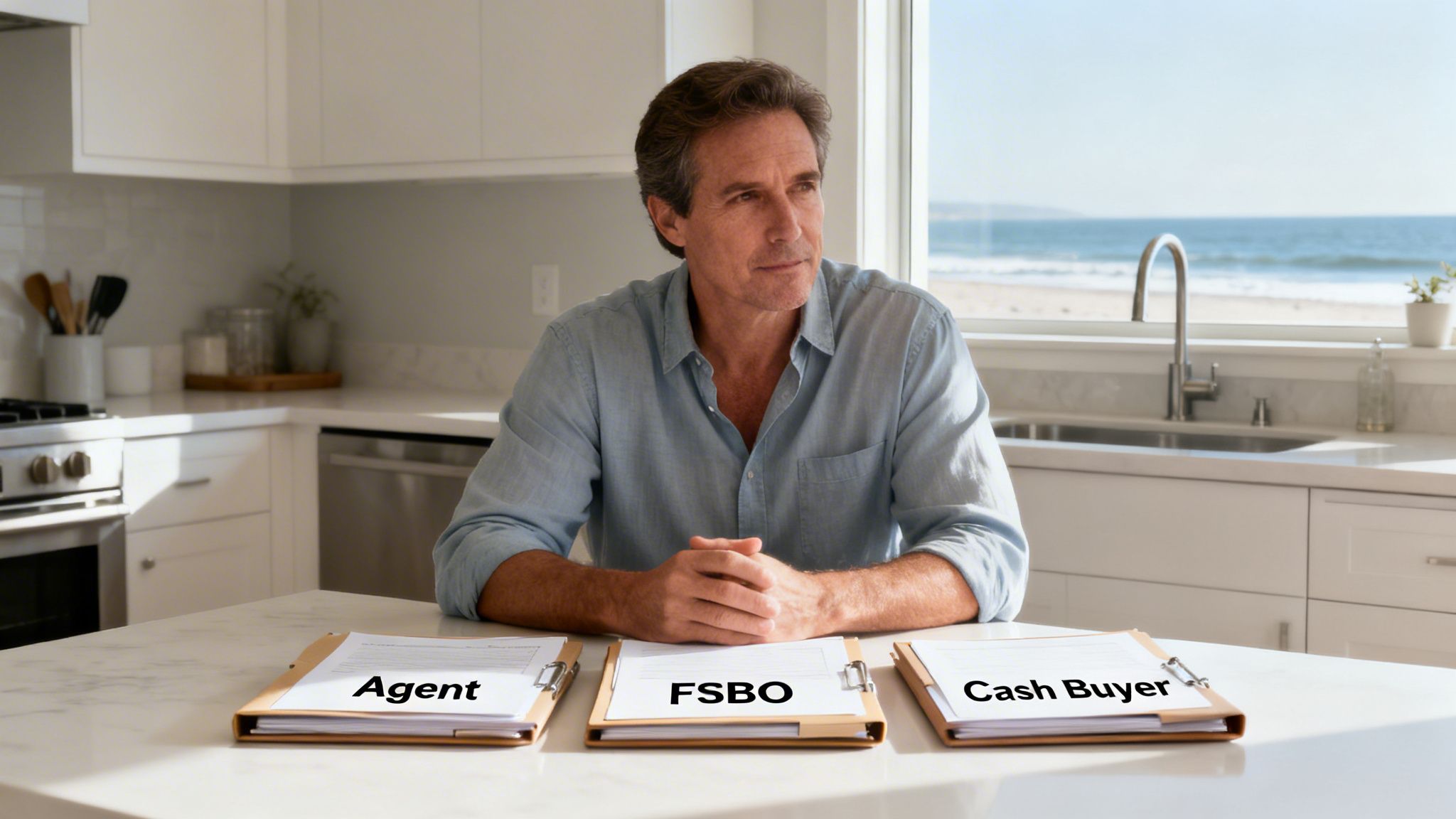 A man considers three home selling options: Agent, FSBO, or Cash Buyer, in a bright kitchen with an ocean view.