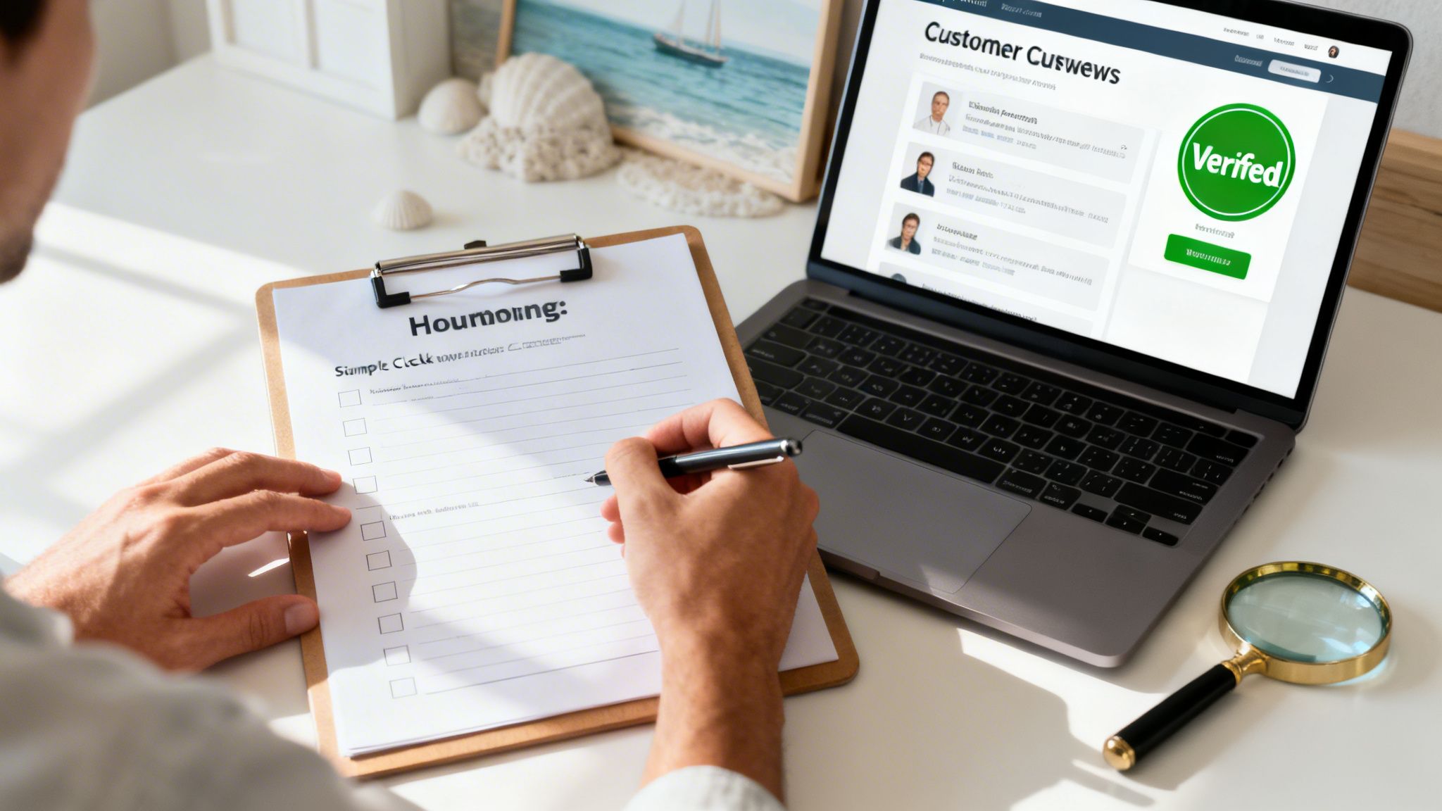 A person's hands writing on a checklist, next to a laptop displaying customer reviews and a 'Verified' badge.