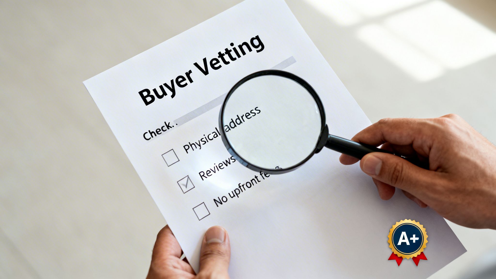 A hand holding a 'Buyer Vetting' checklist with a magnifying glass, showing 'Reviews' checked, and an A+ badge.