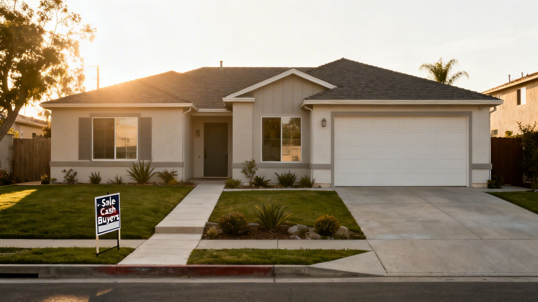 A modern single-story house with a green lawn and a 'Sale Cash Buyers' sign in the front yard.