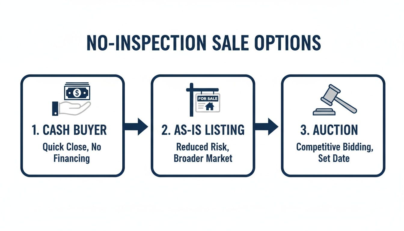 Infographic illustrating three no-inspection sale options for houses: cash buyer, as-is listing, and auction.