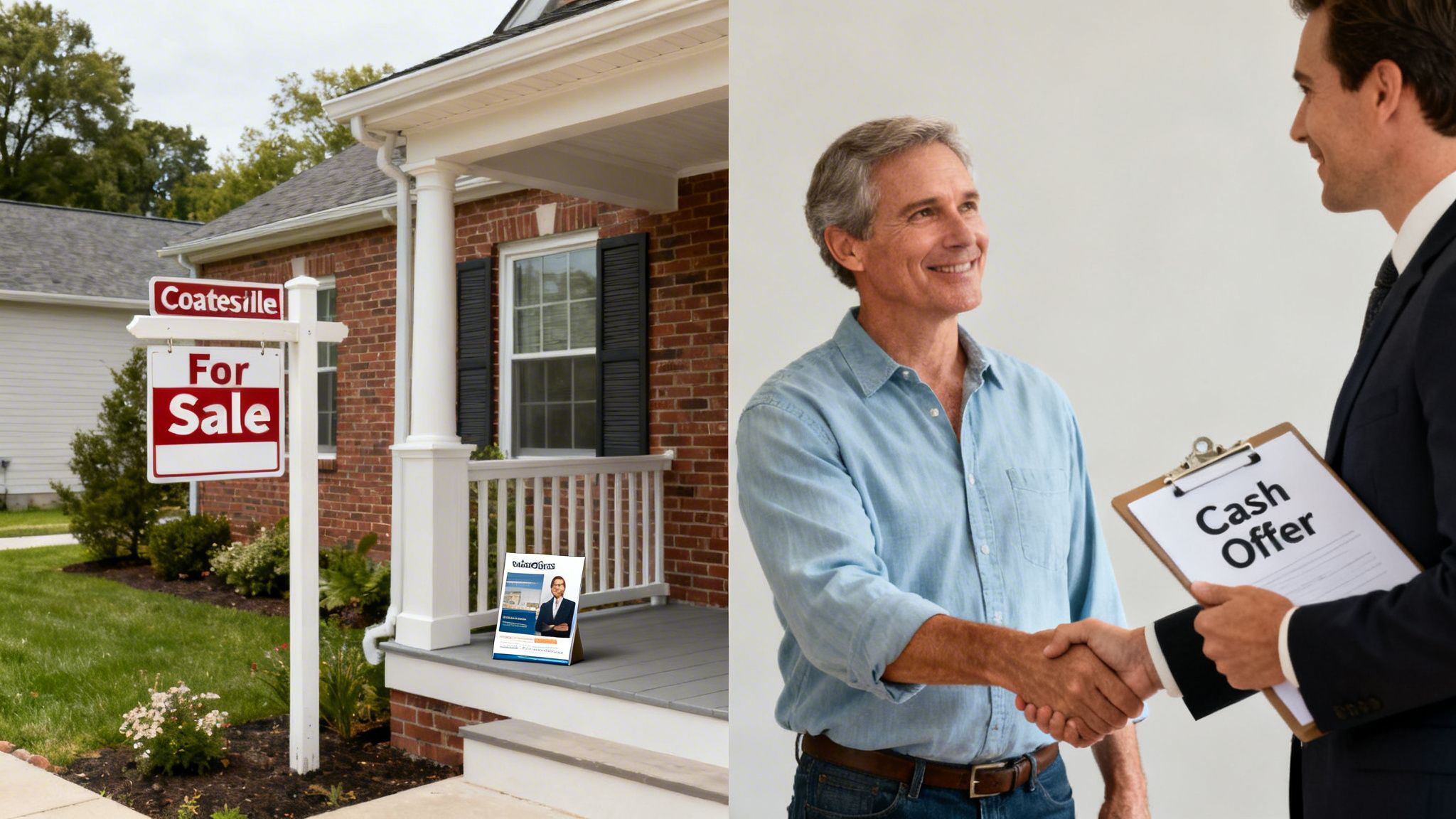 A 'For Sale' sign outside a brick house in Coatesville, and a cash offer handshake.