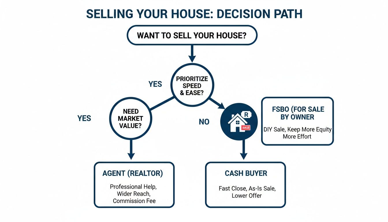 A flowchart outlining the decision path for selling a house, considering prioritizing speed, ease, and market value, leading to options like an agent, FSBO, or cash buyer.
