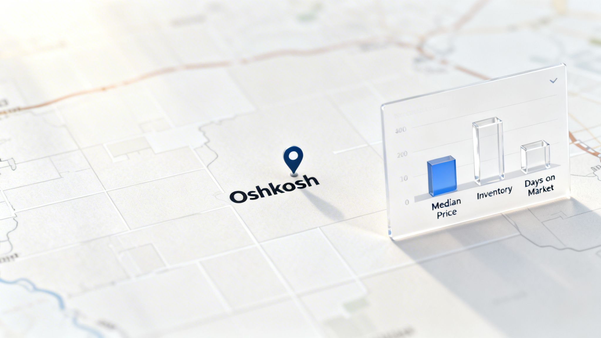 A map pointing to Oshkosh with a 3D bar chart showing real estate metrics: median price, inventory, and days on market.