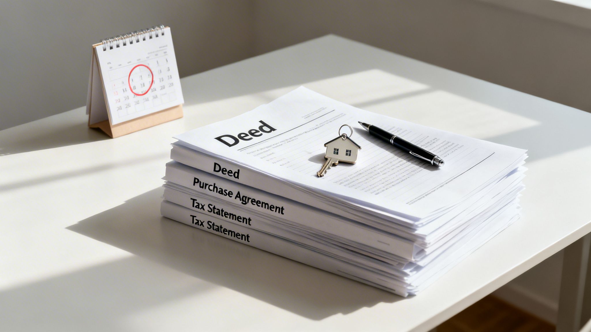 Stack of real estate documents including a deed and purchase agreement with a house key.
