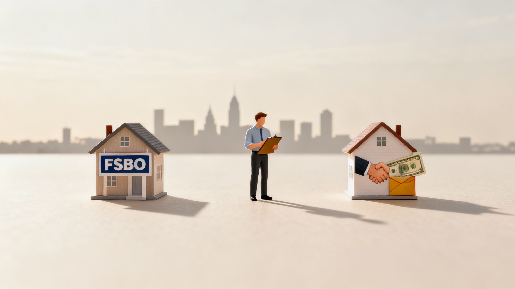 A miniature real estate agent stands between a 'For Sale By Owner' house and a house with a handshake and money.