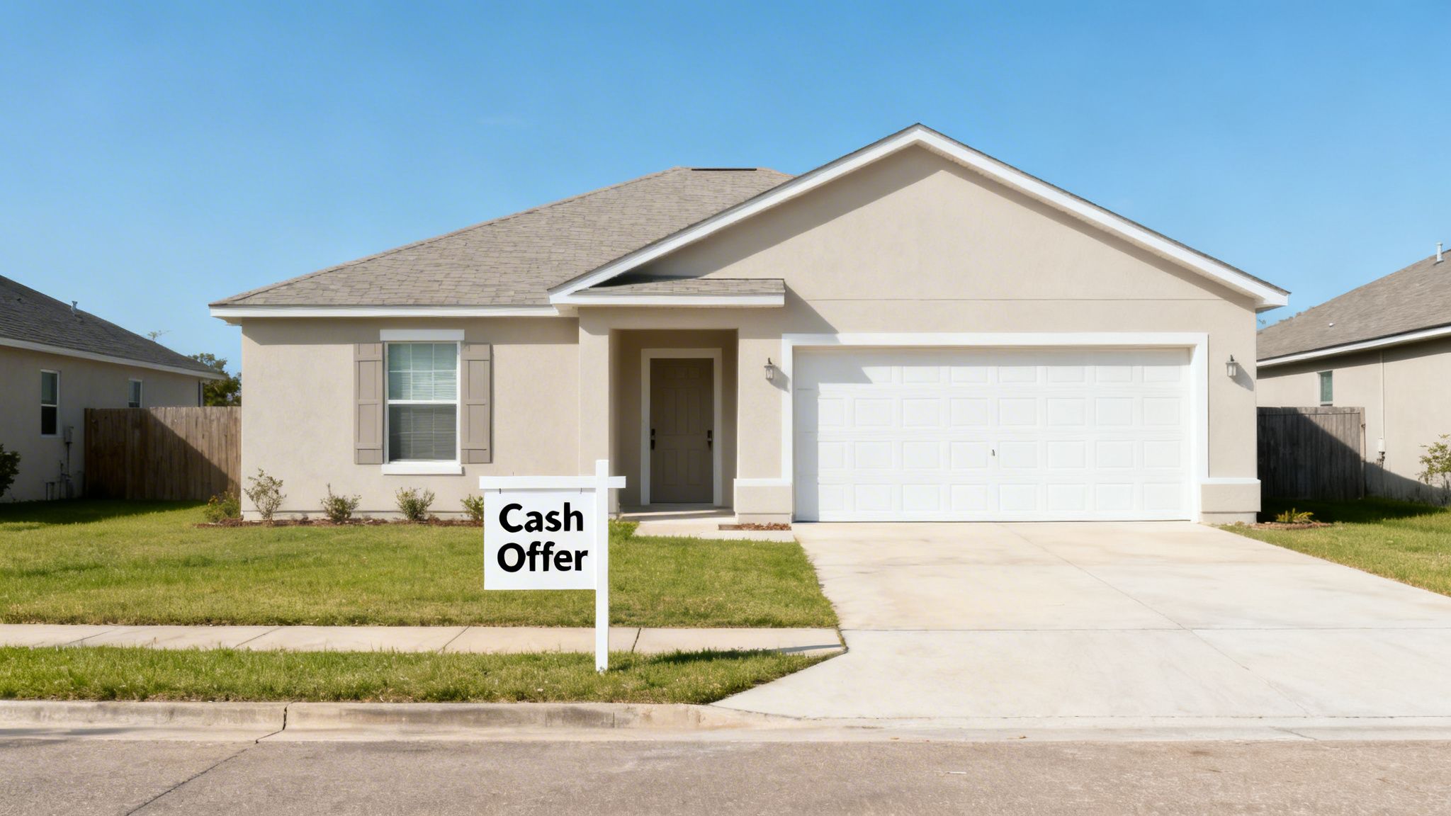 A single-story beige house with a 'Cash Offer' sign on the front lawn.