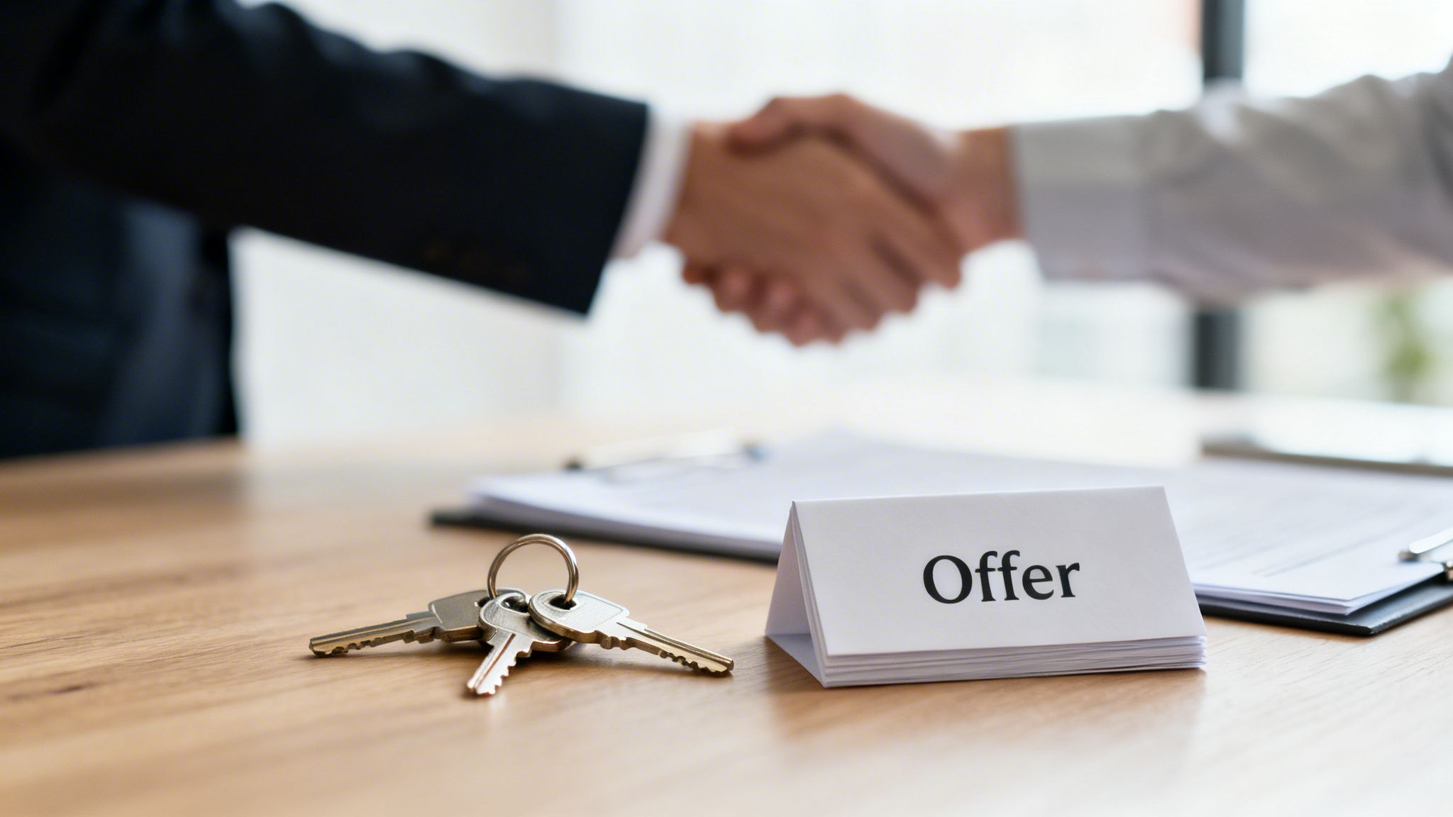 Two people shaking hands over house keys and an 'Offer' sign on a wooden table, representing a real estate deal.