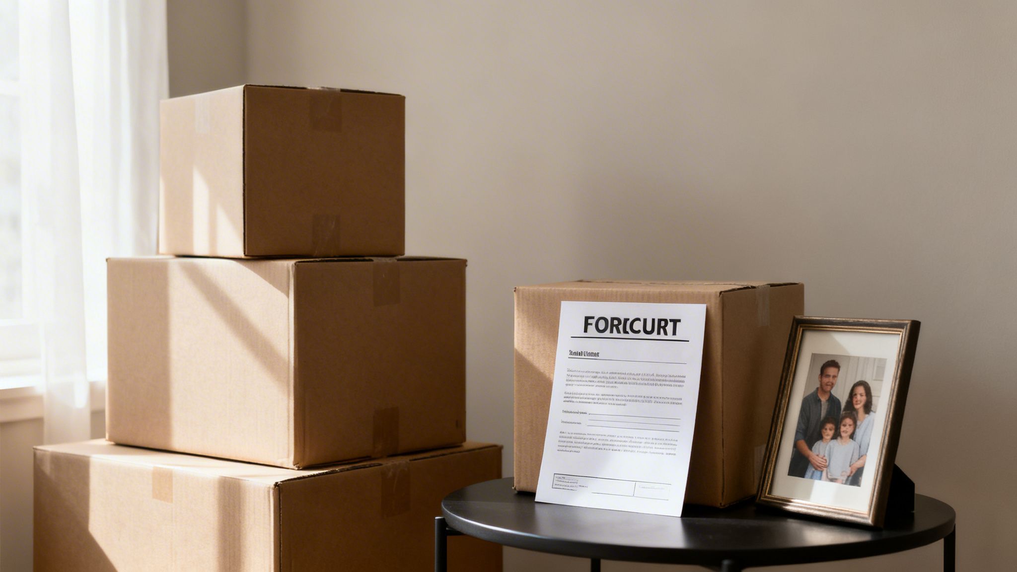Cardboard moving boxes stacked in a room, with a family photo and document on a table.