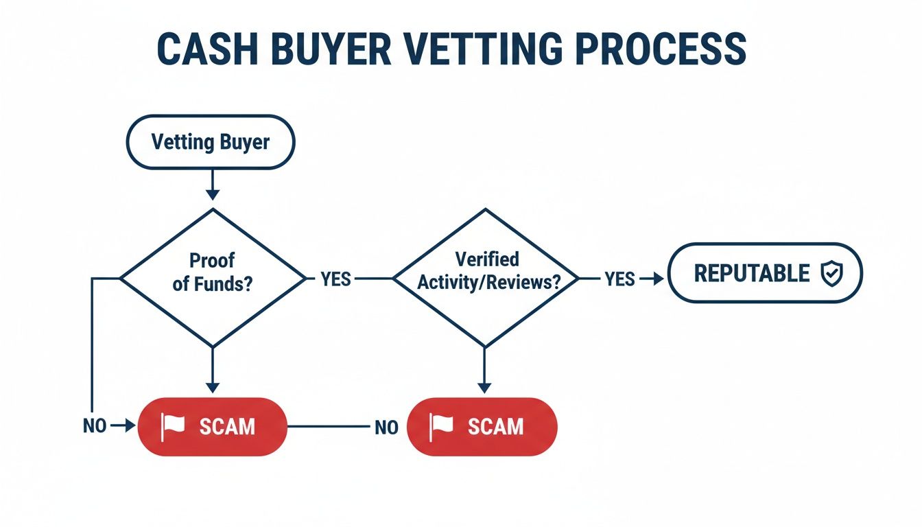 Flowchart illustrating the cash buyer vetting process, showing steps to identify reputable buyers.
