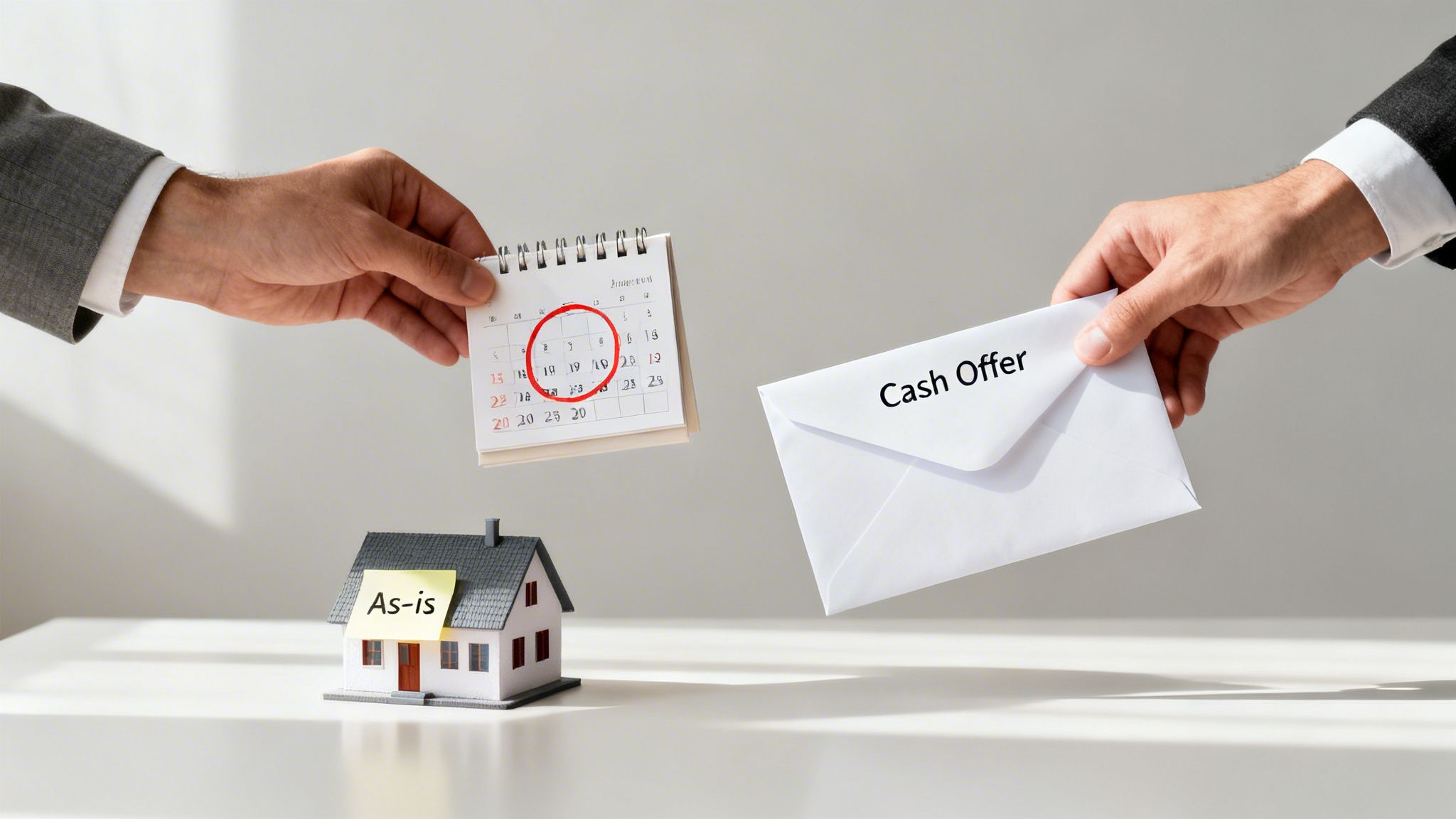 Hands holding a calendar with a date circled and a 'Cash Offer' envelope over an 'as-is' house model.