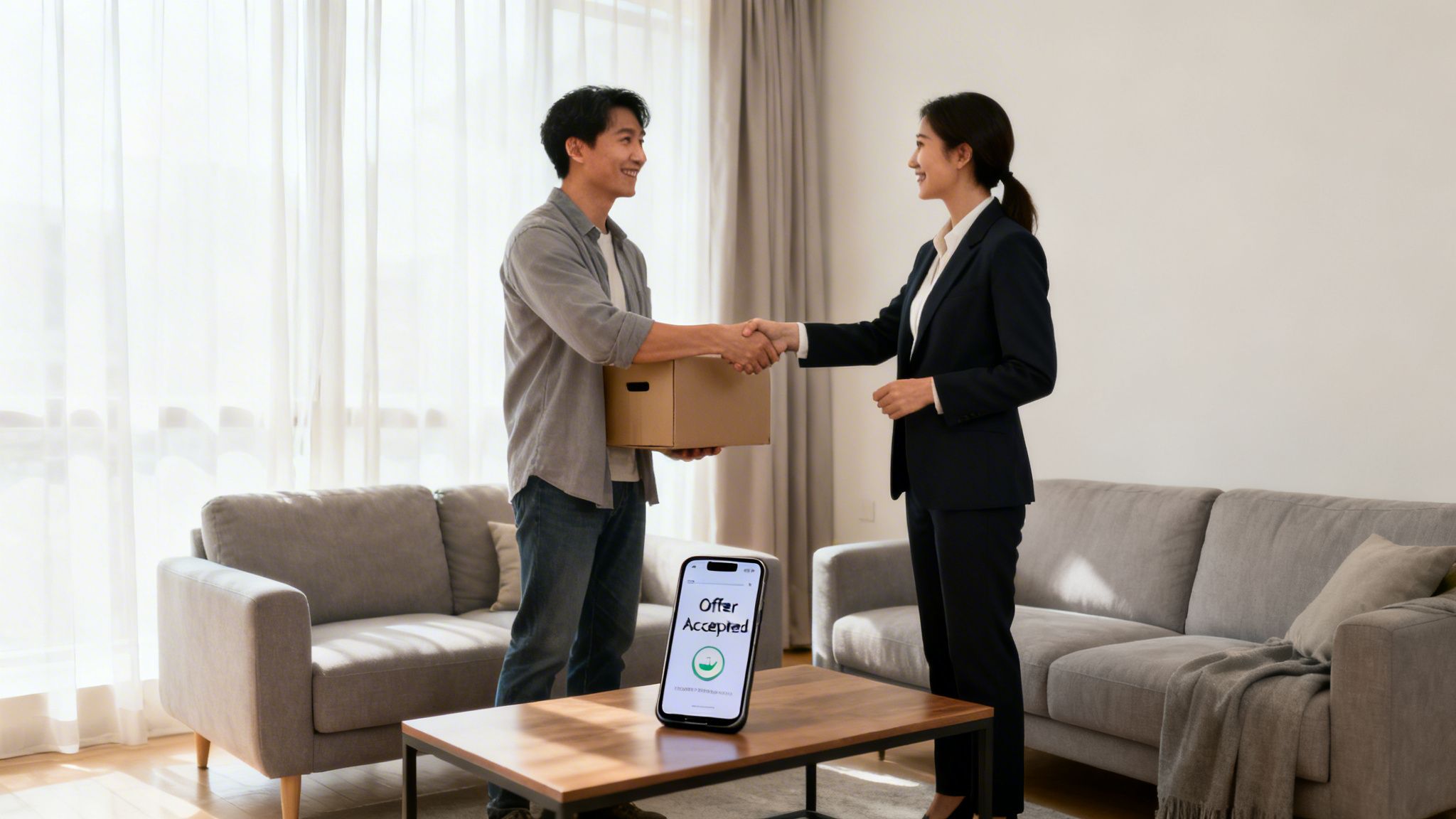 A man holding a box shakes hands with a woman, while a phone displays 'Offer Accepted'.