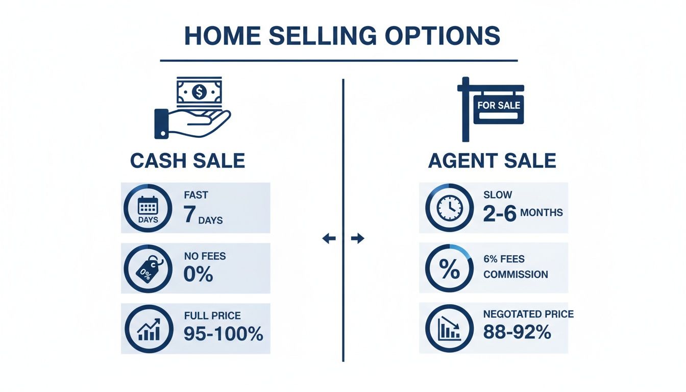 Infographic comparing home selling options: cash sale (fast, no fees, 95-100% price) vs. agent sale (slow, 6% fees, 88-92% price).