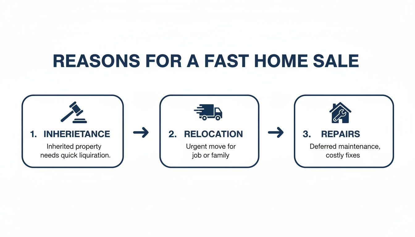 Infographic illustrating three common reasons for a fast home sale: inheritance, relocation, and costly repairs.