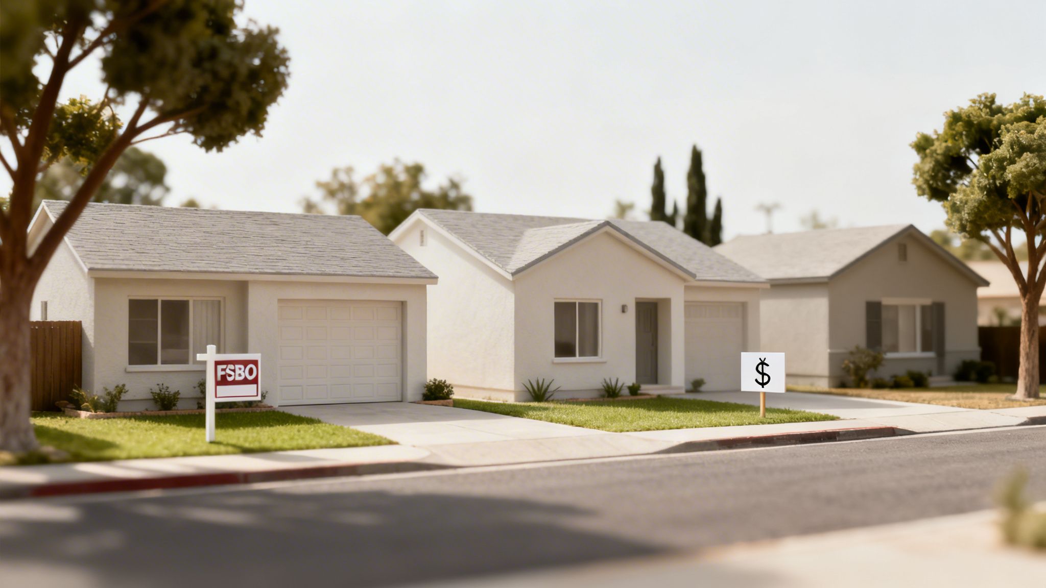 A row of three miniature model houses, one with an 'FSBO' sign and another with a dollar sign.